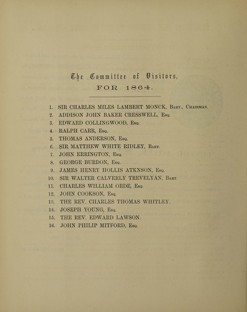 ®|\n Committn flf ©isitflrs, F O JZ 1864. 1. SIR CHARLES MILES LAMBERT MONCK, Bart., Chairman. 2. ADDISON JOHN BAKER CRESSWELL, Esq. 3. EDWARD COLLINGWOOD, Esq. 4. RALPH CARR, Esq. 5. THOMAS ANDERSON, Esq. 6. SIR MATTHEW WHITE RIDLEY, Bart. 7. JOHN ERRINGTON, Esq. 8. GEORGE BURDON, Esq. 9. JAMES HENRY HOLLIS ATKNSON, Esq. 10. SIR WALTER CALYERLY TREVELYAN, Bart. 11. CHARLES WILLIAM ORDE, Esq. 12. JOHN COOKSON, Esq. 13. THE REV. CHARLES THOMAS WHITLEY. 14. JOSEPH YOUNG, Esq. 15. THE REV. EDWARD LAWSON. 16. JOHN PHILIP MITFORD, Esq.