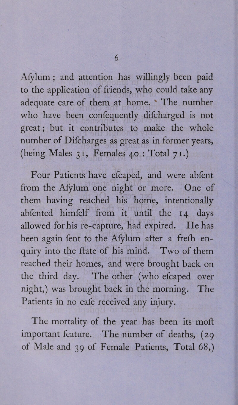 Afylum ; and attention has willingly been paid to the application of friends, who could take any adequate care of them at home. ' The number who have been confequently difcharged is not great; but it contributes to make the whole number of Difcharges as great as in former years, (being Males 31, Females 40 : Total 71.) Four Patients have efcaped, and were abfent from the Afylum one night or more. One of them having reached his home, intentionally abfented himfelf from it until the 14 days allowed for his re-capture, had expired. He has been again fent to the Afylum after a frefh en¬ quiry into the ftate of his mind. Two of them reached their homes, and were brought back on the third day. The other (who efcaped over night,) was brought back in the morning. The Patients in no cafe received any injury. The mortality of the year has been its mod: important feature. The number of deaths, (29 of Male and 39 of Female Patients, Total 68,)