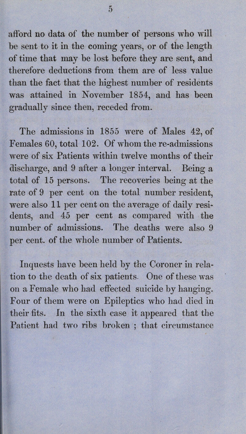 afford no data of the number of persons who will he sent to it in the coming years, or of the length of time that may be lost before they are sent, and therefore deductions from them are of less value than the fact that the highest number of residents was attained in November 1854, and has been gradually since then, receded from. The admissions in 1855 were of Males 42, of Females 60, total 102. Of whom the re-admissions were of six Patients within twelve months of their discharge, and 9 after a longer interval. Being a total of 15 persons. The recoveries being at the rate of 9 per cent on the total number resident, were also 11 per cent on the average of daily resi¬ dents, and 45 per cent as compared with the number of admissions. The deaths were also 9 per cent, of the whole number of Patients. Inquests have been held by the Coroner in rela¬ tion to the death of six patients. One of these was on a Female who had effected suicide by hanging. Four of them were on Epileptics who had died in their fits. In the sixth case it appeared that the Patient had two ribs broken ; that circumstance