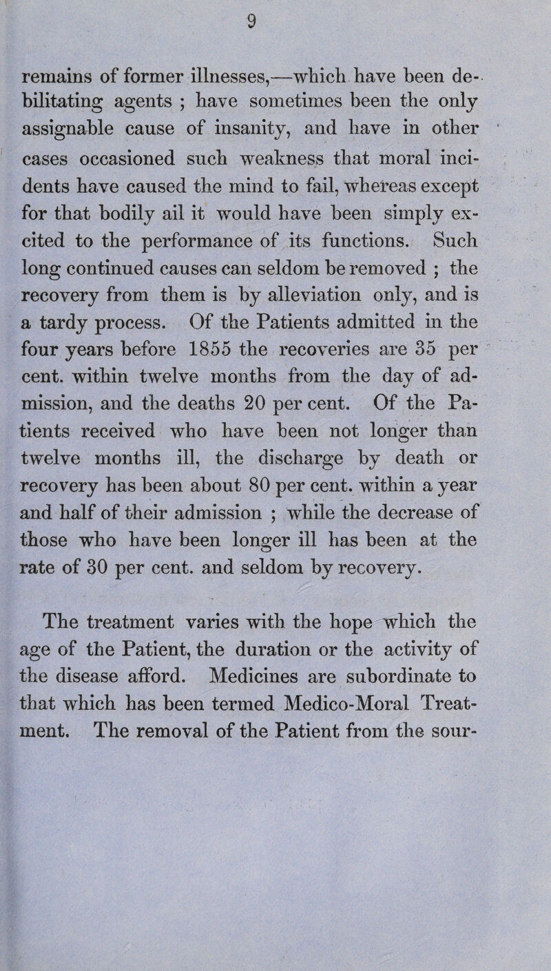 remains of former illnesses,—wliicli have been de¬ bilitating agents ; bave sometimes been tbe only assignable cause of insanity, and bave in other cases occasioned such weakness that moral inci¬ dents bave caused tbe mind to fail, whereas except for that bodily ail it would bave been simply ex¬ cited to tbe performance of its functions. Such long continued causes can seldom be removed ; the recovery from them is by alleviation only, and is a tardy process. Of tbe Patients admitted in the four years before 1855 tbe recoveries are 35 per cent, within twelve months from tbe day of ad¬ mission, and tbe deaths 20 per cent. Of tbe Pa¬ tients received who have been not longer than twelve months ill, tbe discharge by death or recovery has been about 80 per cent, within a year and half of their admission ; while the decrease of those who have been longer ill has been at the rate of 30 per cent, and seldom by recovery. The treatment varies with the hope which the age of the Patient, the duration or the activity of the disease afford. Medicines are subordinate to that which has been termed Medico-Moral Treat¬ ment. The removal of the Patient from the sour-
