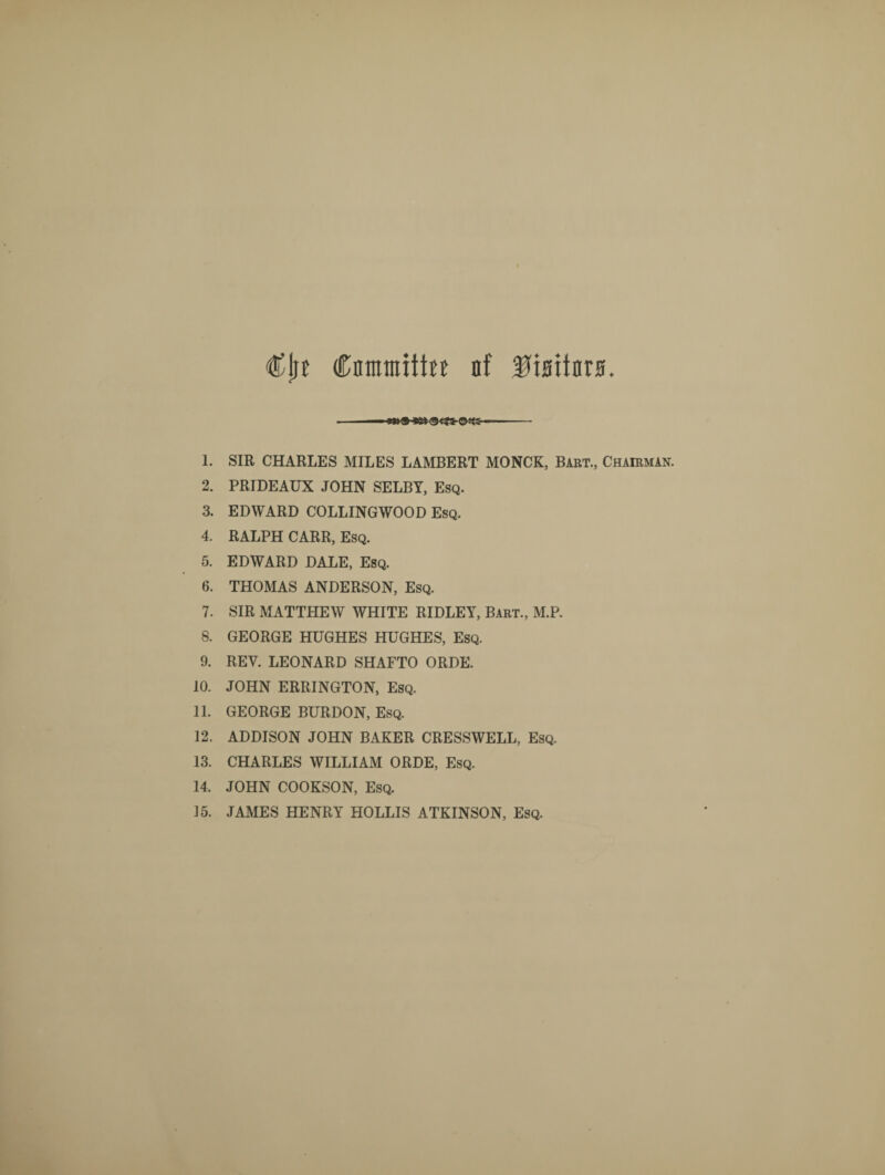 Clje Cnmnrittw nf ftsttnrH. ———- 1. SIR CHARLES MILES LAMBERT MONCK, Bart., Chairman. 2. PRIDEAUX JOHN SELBY, Esq. 3. EDWARD COLLINGWOOD Esq. 4. RALPH CARR, Esq. 5. EDWARD DALE, Esq. 6. THOMAS ANDERSON, Esq. 7. SIR MATTHEW WHITE RIDLEY, Bart., M.P. 8. GEORGE HUGHES HUGHES, Esq. 9. REV. LEONARD SHAFTO ORDE. 10. JOHN ERRINGTON, Esq. 11. GEORGE BURDON, Esq. 12. ADDISON JOHN BAKER CRESSWELL, Esq. 13. CHARLES WILLIAM ORDE, Esq. 14. JOHN COOKSON, Esq. 15. JAMES HENRY HOLLIS ATKINSON, Esq.