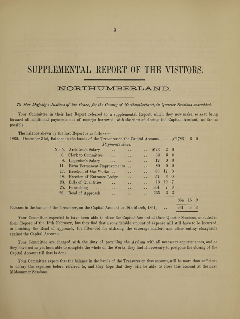 SUPPLEMENTAL REPORT OF THE VISITORS. nSTORTHIUMIBEIlLAIsrD. To Her Majesty's Justices of the Peace, for the County of Northumberland, in Quarter Sessions assembled. Your Committee in their last Report referred to a supplemental Report, which they now make, so as to bring forward all additional payments out of moneys borrowed, with the view of closing the Capital Account, as far as possible. The balance shewn by the last Report is as follows— 1860. December 31st, Balance in the hands of the Treasurer on the Capital Account .. i?1786 6 0 Payments since. No. 5. Architect’s Salary .. £23 2 0 6. Clerk to Committee 62 5 0 8. Inspector’s Salary 12 0 0 11. Farm Permanent Improvements .. 80 0 0 17. Erection of Gas Works .. 69 17 3 18. Erection of Entrance Lodge 57 3 0 23. Bills of Quantities 13 19 7 25. Furnishing .. 301 7 9 26. Road of Approach .. 235 2 2 854 16 9 Balance in the hands of the Treasurer, on the Capital Account to 18th March, 1861, .. 931 9 3 Your Committee expected to have been able to close the Capital Account at these Quarter Sessions, as stated in their Report of the 18th February, but they find that a considerable amount of expense will still have to be incurred, in finishing the Road of approach, the filter-bed for utilizing the sewerage matter, and other outlay chargeable against the Capital Account. Your Committee are charged with the duty of providing the Asylum with all necessary appurtenances, and as they have not as yet been able to complete the whole of the Works, they find it necessary to postpone the closing of the Capital Account till that is done. Your Committee expect that the balance in the hands of the Treasurer on that account, will be more than sufficient to defray the expenses before referred to, and they hope that they will be able to close this account at the next Midsummer Sessions.