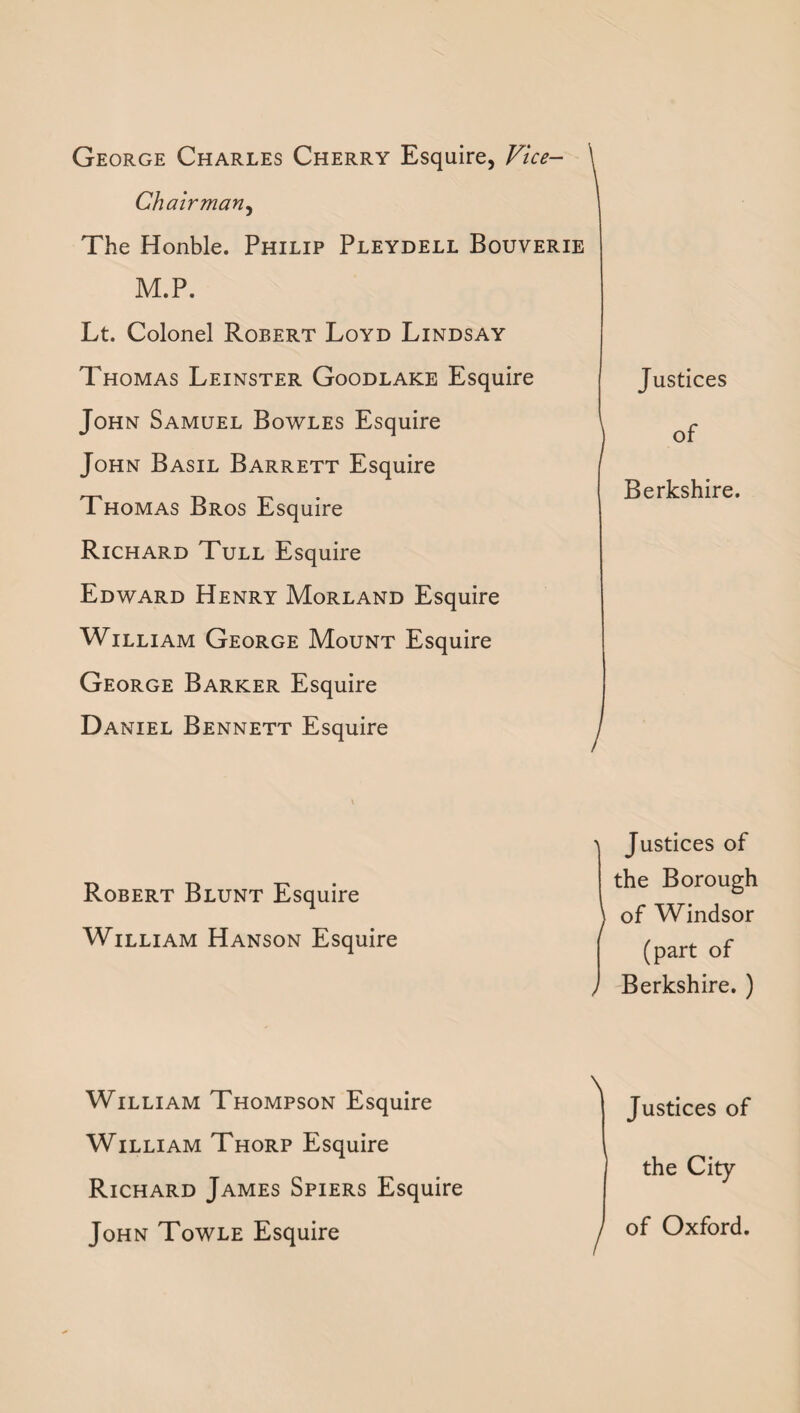 George Charles Cherry Esquire, Vice- Chairman^ The Honble. Philip Pleydell Bouverie M.P. Lt. Colonel Robert Loyd Lindsay Thomas Leinster Goodlake Esquire John Samuel Bowles Esquire John Basil Barrett Esquire Thomas Bros Esquire Richard Tull Esquire Edward Henry Morland Esquire William George Mount Esquire George Barker Esquire Daniel Bennett Esquire Robert Blunt Esquire William Hanson Esquire William Thompson Esquire William Thorp Esquire Richard James Spiers Esquire John Towle Esquire Justices of Berkshire. Justices of the Borough of Windsor (part of Berkshire. ) Justices of the City of Oxford.