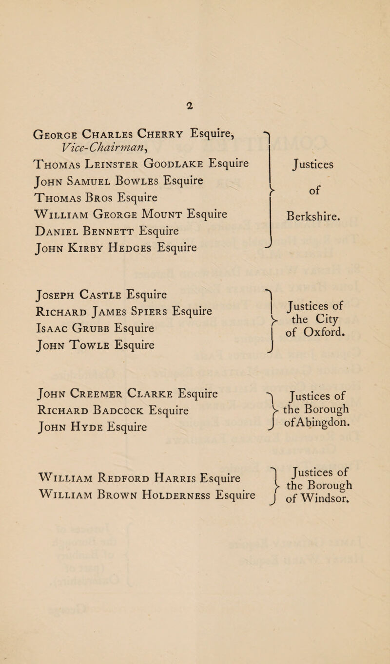 George Charles Cherry Esquire, Vice- Chairman, Thomas Leinster Goodlake Esquire John Samuel Bowles Esquire Thomas Bros Esquire William George Mount Esquire Daniel Bennett Esquire John Kirby Hedges Esquire Justices y of Berkshire. Joseph Castle Esquire Richard James Spiers Esquire Isaac Grubb Esquire John Towle Esquire Justices of y the City of Oxford. John Creemer Clarke Esquire Richard Badcock Esquire John Hyde Esquire ^ Justices of y the Borough J of Abingdon. William Redford Harris Esquire William Brown Holderness Esquire Justices of ^ the Borough J of Windsor.