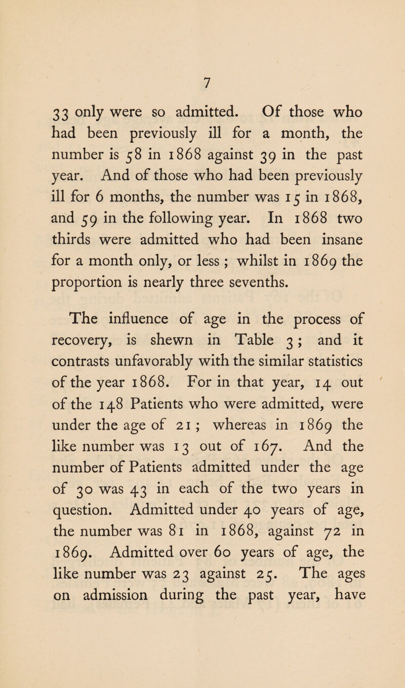 33 only were so admitted. Of those who had been previously ill for a month, the number is 58 in 1868 against 39 in the past year. And of those who had been previously ill for 6 months, the number was 15 in 1868, and 59 in the following year. In 1868 two thirds were admitted who had been insane for a month only, or less ; whilst in 1869 the proportion is nearly three sevenths. The influence of age in the process of recovery, is shewn in Table 3; and it contrasts unfavorably with the similar statistics of the year 1868. For in that year, 14 out of the 148 Patients who were admitted, were under the age of 21; whereas in 1869 the like number was 13 out of 167. And the number of Patients admitted under the age of 30 was 43 in each of the two years in question. Admitted under 40 years of age, the number was 81 in 1868, against 72 in 1869. Admitted over 60 years of age, the like number was 23 against 25. The ages on admission during the past year, have