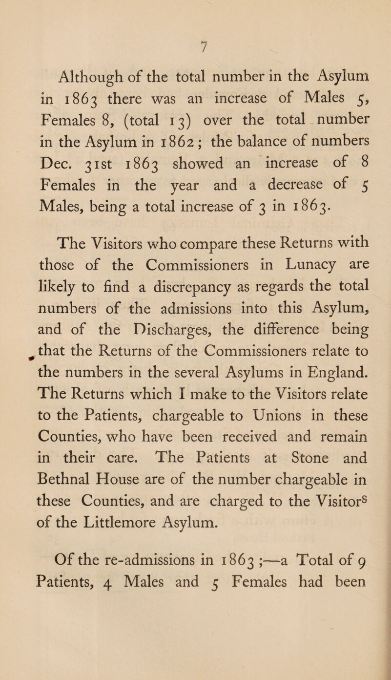 Although of the total number in the Asylum in 1863 there was an increase of Males 5, Females 8, (total 13) over the total number in the Asylum in 1862 ; the balance of numbers Dec. 31st 1863 showed an increase of 8 Females in the year and a decrease of 5 Males, being a total increase of 3 in 1863. The Visitors who compare these Returns with those of the Commissioners in Lunacy are likely to find a discrepancy as regards the total numbers of the admissions into this Asylum, and of the Discharges, the difference being # that the Returns of the Commissioners relate to the numbers in the several Asylums in England. The Returns which I make to the Visitors relate to the Patients, chargeable to Unions in these Counties, who have been received and remain in their care. The Patients at Stone and Bethnal House are of the number chargeable in these Counties, and are charged to the Visitor8 of the Littlemore Asylum. Of the re-admissions in 1863 ;—a Total of 9 Patients, 4 Males and 5 Females had been