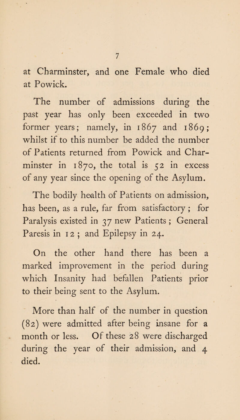 at Charminster, and one Female who died at Powick. The number of admissions during the past year has only been exceeded in two former years; namely, in 1867 and 1869; whilst if to this number be added the number of Patients returned from Powick and Char- minster in 1870, the total is 52 in excess of any year since the opening of the Asylum. The bodily health of Patients on admission, has been, as a rule, far from satisfactory ; for Paralysis existed in 37 new Patients ; General Paresis in 12 ; and Epilepsy in 24. On the other hand there has been a marked improvement in the period during which Insanity had befallen Patients prior to their being sent to the Asylum. More than half of the number in question (82) were admitted after being insane for a month or less. Of these 28 were discharged during the year of their admission, and 4 died.