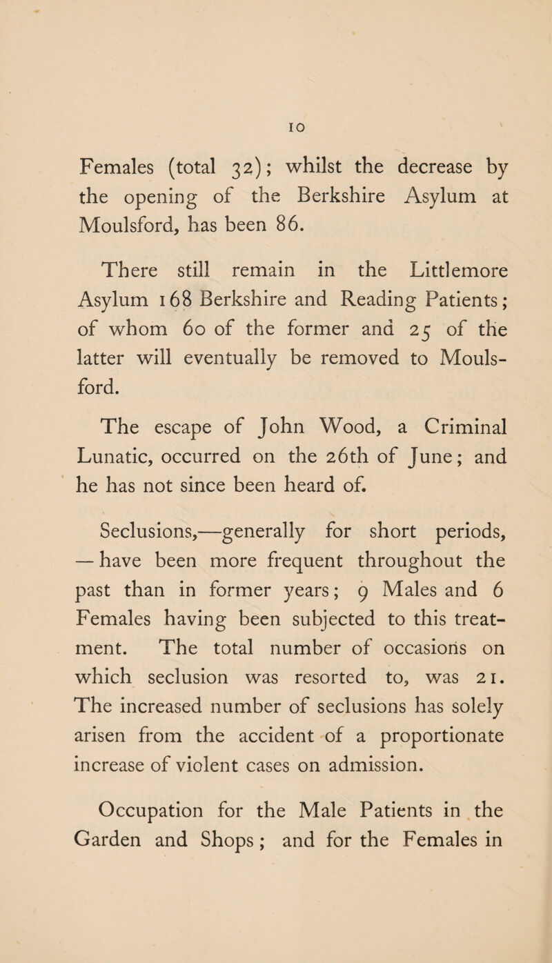 Females (total 32); whilst the decrease by the opening of the Berkshire Asylum at Moulsford, has been 86. There still remain in the Littlemore Asylum 168 Berkshire and Reading Patients; of whom 60 of the former and 25 of the latter will eventually be removed to Mouls¬ ford. The escape of John Wood, a Criminal Lunatic, occurred on the 26th of June; and he has not since been heard of. Seclusions,—generally for short periods, — have been more frequent throughout the past than in former years; 9 Males and 6 Females having been subjected to this treat¬ ment. The total number of occasions on wdiich seclusion was resorted to, was 21. The increased number of seclusions has solely arisen from the accident of a proportionate increase of violent cases on admission. Occupation for the Male Patients in the Garden and Shops; and for the Females in