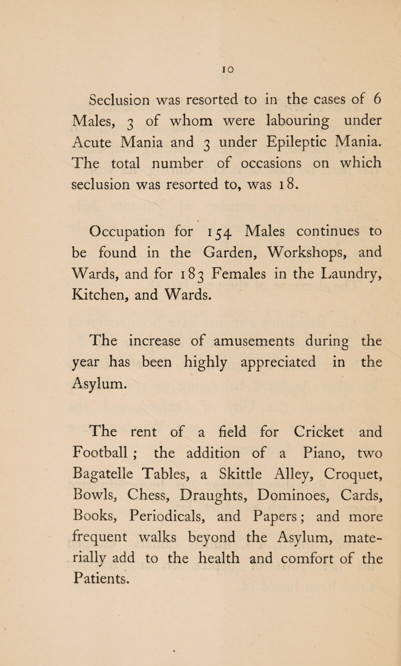 Seclusion was resorted to in the cases of 6 Males, 3 of whom were labouring under Acute Mania and 3 under Epileptic Mania. The total number of occasions on which seclusion was resorted to, was 18. Occupation for 154 Males continues to be found in the Garden, Workshops, and Wards, and for 183 Females in the Laundry, Kitchen, and Wards. The increase of amusements during the year has been highly appreciated in the Asylum. The rent of a field for Cricket and Football ; the addition of a Piano, two Bagatelle Tables, a Skittle Alley, Croquet, Bowls, Chess, Draughts, Dominoes, Cards, Books, Periodicals, and Papers; and more frequent walks beyond the Asylum, mate¬ rially add to the health and comfort of the Patients.
