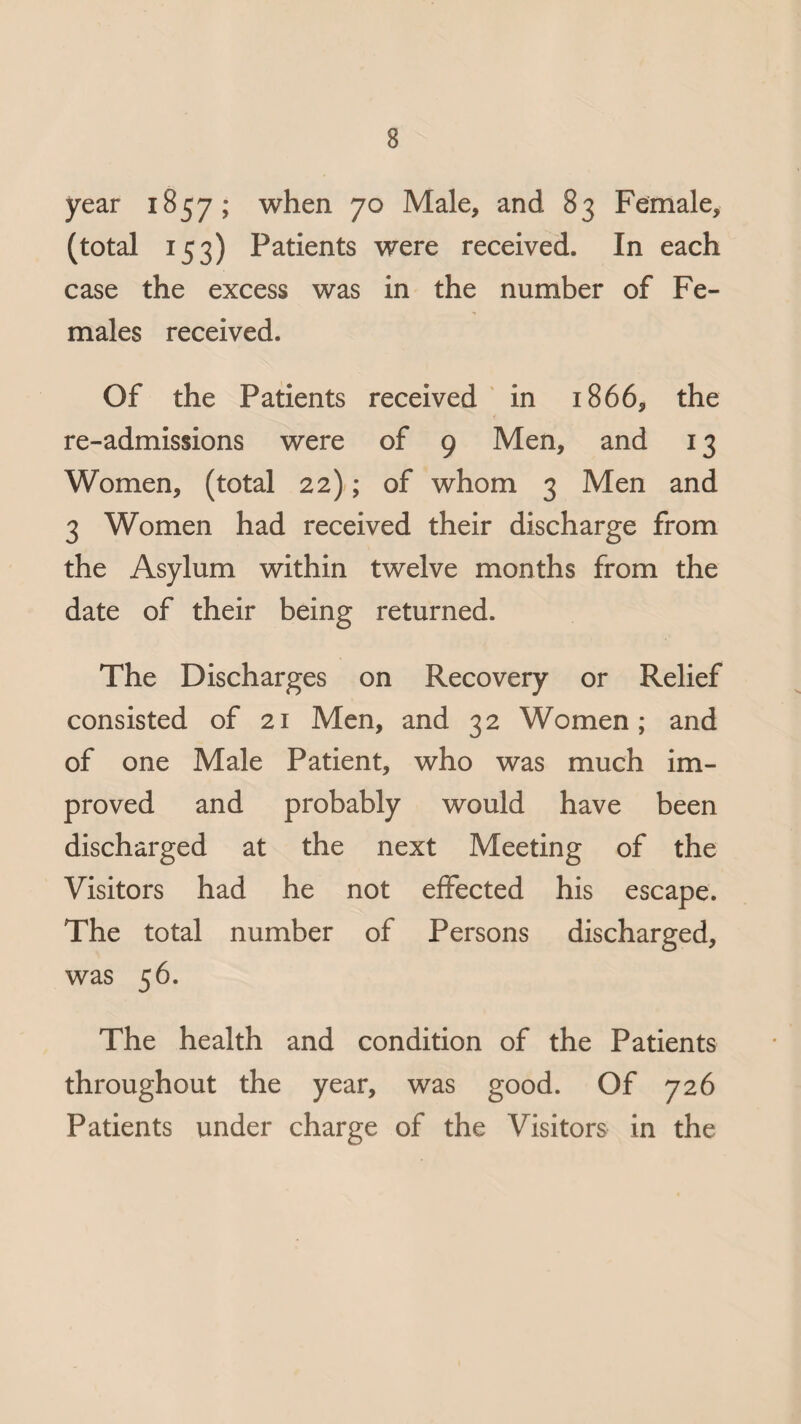 year 1857; when 70 Male, and 83 Female, (total 153) Patients were received. In each case the excess was in the number of Fe¬ males received. Of the Patients received in 1866, the re-admissions were of 9 Men, and 13 Women, (total 22); of whom 3 Men and 3 Women had received their discharge from the Asylum within twelve months from the date of their being returned. The Discharges on Recovery or Relief consisted of 21 Men, and 32 Women; and of one Male Patient, who was much im¬ proved and probably would have been discharged at the next Meeting of the Visitors had he not effected his escape. The total number of Persons discharged, was 56. The health and condition of the Patients throughout the year, was good. Of 726 Patients under charge of the Visitors in the