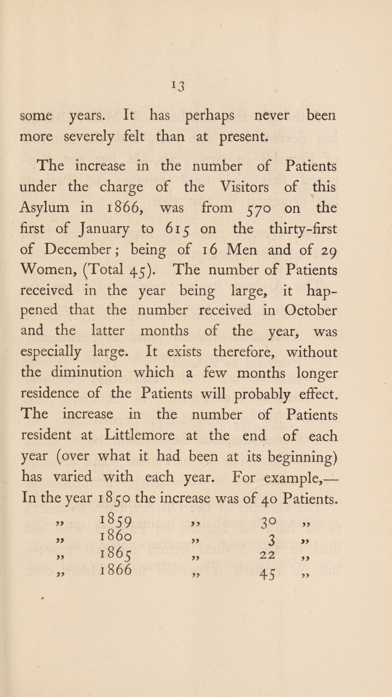 some years. It has perhaps never been more severely felt than at present. The increase in the number of Patients under the charge of the Visitors of this Asylum in 1866, was from 570 on the first of January to 615 on the thirty-first of December; being of 16 Men and of 29 Women, (Total 45). The number of Patients received in the year being large, it hap¬ pened that the number received in October and the latter months of the year, was especially large. It exists therefore, without the diminution which a few months longer residence of the Patients will probably effect. The increase in the number of Patients resident at Littlemore at the end of each year (over what it had been at its beginning) has varied with each year. For example,— In the year 1850 the increase was of 40 Patients. i859 9 9 3° 99 I 860 99 3 99 1865 99 22 99 1866 99 45 99 99