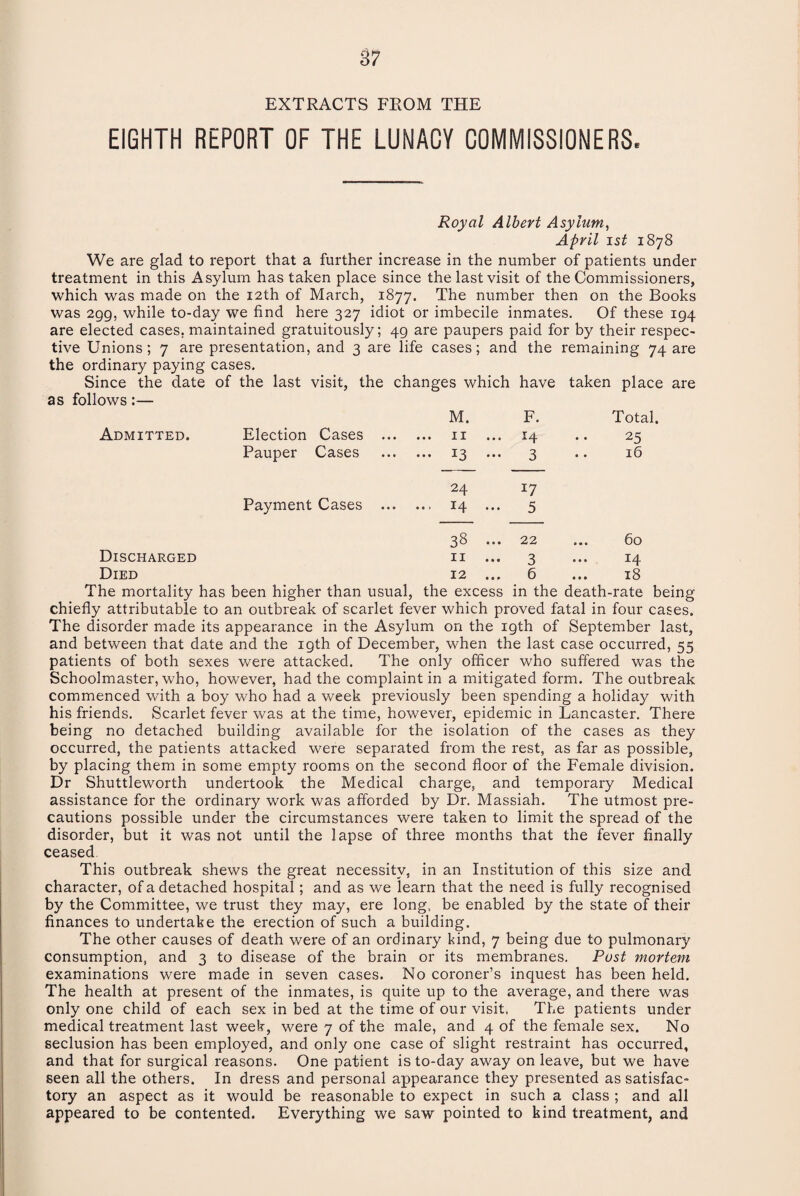 EXTRACTS FROM THE EIGHTH REPORT OF THE LUNACY COMMISSIONERS Royal Albert Asylum, April ist 1878 We are glad to report that a further increase in the number of patients under treatment in this Asylum has taken place since the last visit of the Commissioners, which was made on the 12th of March, 1877. The number then on the Books was 299, while to-day we find here 327 idiot or imbecile inmates. Of these 194 are elected cases, maintained gratuitously; 49 are paupers paid for by their respec¬ tive Unions; 7 are presentation, and 3 are life cases; and the remaining 74 are the ordinary paying cases. Since the date of the last visit, the changes which have taken place as follows:— M. F. Total. Admitted. Election Cases ... ... 11 14 25 Pauper Cases ... 13 ... 3 .. 16 24 17 Payment Cases ... • « » 14 • • • 5 38 ... 22 ... 60 Discharged 11 ... 3 ... 14 Died 12 ... 6 ... 18 The mortality has been higher than usual, the excess in the death-rate being chiefly attributable to an outbreak of scarlet fever which proved fatal in four cases. The disorder made its appearance in the Asylum on the 19th of September last, and between that date and the 19th of December, when the last case occurred, 55 patients of both sexes were attacked. The only officer who suffered was the Schoolmaster, who, however, had the complaint in a mitigated form. The outbreak commenced with a boy who had a week previously been spending a holiday with his friends. Scarlet fever was at the time, however, epidemic in Lancaster. There being no detached building available for the isolation of the cases as they occurred, the patients attacked were separated from the rest, as far as possible, by placing them in some empty rooms on the second floor of the Female division. Dr Shuttleworth undertook the Medical charge, and temporary Medical assistance for the ordinary work was afforded by Dr. Massiah. The utmost pre¬ cautions possible under the circumstances were taken to limit the spread of the disorder, but it was not until the lapse of three months that the fever finally ceased This outbreak shews the great necessity, in an Institution of this size and character, of a detached hospital; and as we learn that the need is fully recognised by the Committee, we trust they may, ere long, be enabled by the state of their finances to undertake the erection of such a building. The other causes of death were of an ordinary kind, 7 being due to pulmonary consumption, and 3 to disease of the brain or its membranes. Post mortem examinations were made in seven cases. No coroner’s inquest has been held. The health at present of the inmates, is quite up to the average, and there was only one child of each sex in bed at the time of our visit, The patients under medical treatment last week, were 7 of the male, and 4 of the female sex. No seclusion has been employed, and only one case of slight restraint has occurred, and that for surgical reasons. One patient is to-day away on leave, but we have seen all the others. In dress and personal appearance they presented as satisfac¬ tory an aspect as it would be reasonable to expect in such a class ; and all appeared to be contented. Everything we saw pointed to kind treatment, and