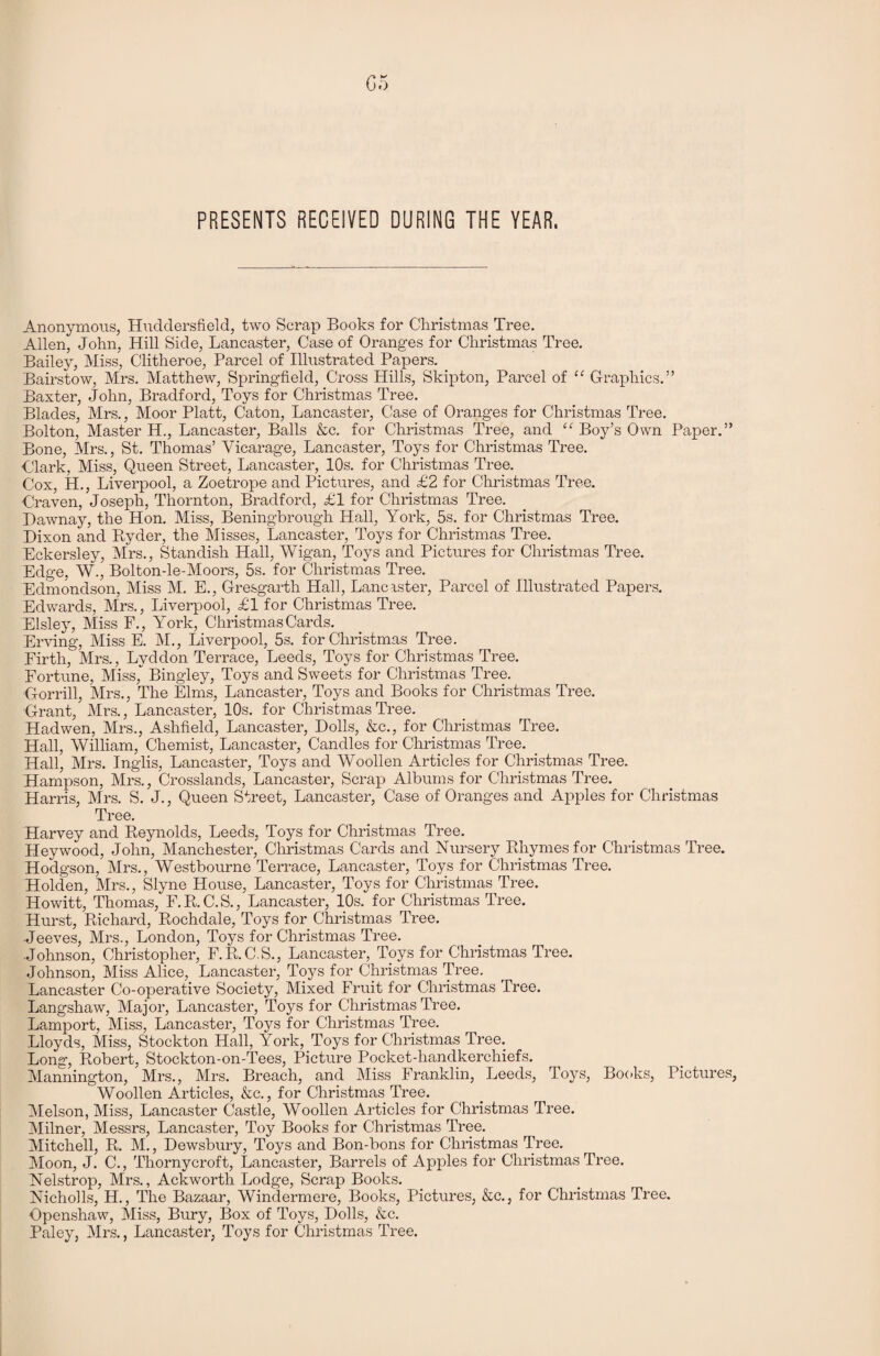 PRESENTS RECEIVED DURING THE YEAR, Anonymous, Huddersfield, two Scrap Books for Christmas Tree. Allen, John, Hill Side, Lancaster, Case of Oranges for Christmas Tree. Bailey, Miss, Clitheroe, Parcel of Illustrated Papers. Bairstow, Mrs. Matthew, Springfield, Cross Hills, Skipton, Parcel of “ Graphics.” Baxter, John, Bradford, Toys for Christmas Tree. Blades, Mrs., Moor Platt, Caton, Lancaster, Case of Oranges for Christmas Tree. Bolton, Master H., Lancaster, Balls &c. for Christmas Tree, and “ Boy’s Own Paper.” Bone, Mrs., St. Thomas’ Vicarage, Lancaster, Toys for Christmas Tree. Clark, Miss, Queen Street, Lancaster, 10s. for Christmas Tree. Cox, H., Liverpool, a Zoetrope and Pictures, and £2 for Christmas Tree. Craven, Joseph, Thornton, Bradford, £1 for Christmas Tree. Dawnay, the Hon. Miss, Beningbrough Hall, York, 5s. for Christmas Tree. Dixon and Ryder, the Misses, Lancaster, Toys for Christmas Tree. Eckersley, Mrs., Standisli Hall, Wigan, Toys and Pictures for Christmas Tree. Edge, W., Boltonde-Moors, 5s. for Christmas Tree. Edmondson, Miss M. E., Gresgarth Hall, Lancaster, Parcel of Illustrated Papers. Edwards, Mrs., Liverpool, £1 for Christmas Tree. Elsley, Miss F., York, Christmas Cards. Erving, Miss E. M., Liverpool, 5s. for Christmas Tree. Firth, Mrs., Lyddon Terrace, Leeds, Toys for Christmas Tree. Fortune, Miss, Bingley, Toys and Sweets for Christmas Tree. Gorrill, Mrs., The Elms, Lancaster, Toys and Books for Christmas Tree. Grant, Mrs., Lancaster, 10s. for Christmas Tree. Hadwen, Mrs., Ashfield, Lancaster, Dolls, &c., for Christmas Tree. Hall, William, Chemist, Lancaster, Candles for Christmas Tree. Hall, Mrs. Inglis, Lancaster, Toys and Woollen Articles for Christmas Tree. Hampson, Mrs., Crosslands, Lancaster, Scrap Albums for Christmas Tree. Harris, Mrs. S. J., Queen Street, Lancaster, Case of Oranges and Apples for Christmas Tree. Harvey and Reynolds, Leeds, Toys for Christmas Tree. Heywood, John, Manchester, Christmas Cards and Nursery Rhymes for Christmas Tree. Hodgson, Mrs., Westbourne Terrace, Lancaster, Toys for Christmas Tree. Holden, Mrs., Slyne House, Lancaster, Toys for Christmas Tree. Howitt, Thomas, F.R.C.S., Lancaster, 10s. for Christmas Tree. Hurst, Richard, Rochdale, Toys for Christmas Tree. Jeeves, Mrs., London, Toys for Christmas Tree. •Johnson, Christopher, F.R.C.S., Lancaster, Toys for Christmas Tree. Johnson, Miss Alice, Lancaster, Toys for Christmas Tree. Lancaster Co-operative Society, Mixed Fruit for Christmas Tree. Langshaw, Major, Lancaster, Toys for Christmas Tree. Lamport, Miss, Lancaster, Toys for Christmas Tree. Lloyds, Miss, Stockton Hall, York, Toys for Christmas Tree. Long, Robert, Stockton-on-Tees, Picture Pocket-handkerchiefs. Mannington, Mrs., Mrs. Breach, and Miss Franklin, Leeds, Toys, Books, Pictures, Woollen Articles, &c., for Christmas Tree. Melson, Miss, Lancaster Castle, Woollen Articles for Christmas Tree. Milner, Messrs, Lancaster, Toy Books for Christmas Tree. Mitchell, R. M., Dewsbury, Toys and Bon-bons for Christmas Tree. Moon, J. C., Thornycroft, Lancaster, Barrels of Apples for Christmas Tree. Nelstrop, Mrs., Ackworth Lodge, Scrap Books. Nicholls, H., The Bazaar, Windermere, Books, Pictures, &c., for Christmas Tree. Openshaw, Miss, Bury, Box of Toys, Dolls, &c. Paley, Mrs., Lancaster, Toys for Christmas Tree.
