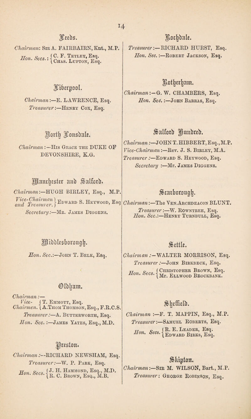 iTtefrs. Chairman: Sir A. FAIRBAIRN, Knt., M.P. Hon Secs • 1 C- F- Tetley* Es<1- non. zees.. j Chas< LupT0N) Esq< $xbzxpol. Chairman:—E. LAWRENCE, Esq. Treasurer:—Henry Cox, Esq. ChairmanHis Grace the DUKE OF DEVONSHIRE, K.G. Panxljcster mxix Halford Chairman:—HUGH BIRLEY, Esq., M.P. Vice• Chairman' and Treasurer. -Edward S. IIeywood, Esq Secretary:—Mr. James Diggens. Hon. Sec.:—John T. Belk, Esq. Chairman:— Vice- f T. Emmott, Esq. Chairmen. | A.Thom Thomson, Esq., F.R.C.S, Treasurer:—A. Butterworth, Esq. lion. Sec. :—James Yates, Esq., M.D. Chairman :—RICHARD NEWSHAM, Esq. Treasurer:—W. P. Park, Esq. Hon Secs 1J- H- Hammond, Esq., M.D. non. zees. c Brown, Esq,, M.B. gtQXjjbal*. Treasurer:—RICHARD HURST, Esq. Hon. Sec.:—Robert Jackson, Esq. gxtljer^nm. Chairman:—G. W. CHAMBERS, Esq. Hon. Sec.:—John Barras, Esq. Jialforfr Jjmtfrtefr. Chairman:—JOHN T. HIBBERT, Esq., M.P. Vice-Chairman:—Rev. J. S. Birley, M.A. Treasurer :—Edward S. Heywood, Esq. Secretary :—Mr. James Diggens. Chairman: Jlxaibornglr. -The Ven.Archdeacon BLUNT. Treasurer:—W. Rowntree, Esq. Hon. Sec.:—Henry Turnbull, Esq. Jixtfle. Chairman /—WALTER MORRISON, Esq. Treasurer :—John Birkbeck, Esq. jr o { Christopher Brown, Esq. non. zees, j ellwood Brockbank. HjieffteliL Chairman :—F. T. MAPPIN, Esq., M.P. Treasurer:—Samuel Roberts, Esq. Hon Secs jH. E. Leader, Esq. non. zees. |Edward BirkS) Esq. Ulupthtr. Chairman:—Sir M. WILSON, Bart., M.P. Treasurer: George Robinson, Esq.