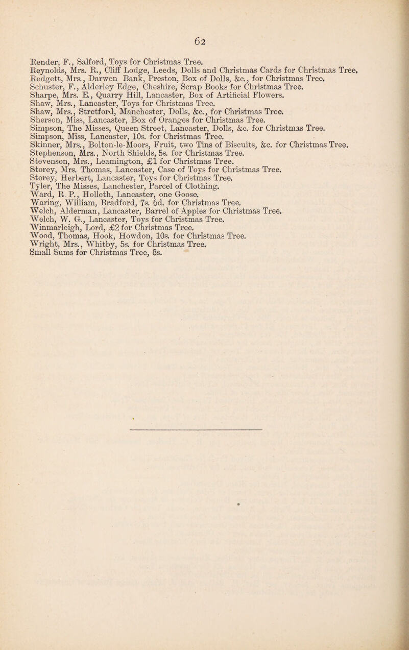 Beynolds, Mrs. R.} Cliff Lodge, Leeds, Dolls and Christmas Cards for Christmas Tree. Rodgett, Mrs., Darwen Bank, Preston, Box of Dolls, &c., for Christmas Tree. Schuster, F., Alderley Edge, Cheshire, Scrap Books for Christmas Tree. Sharpe, Mrs. E., Quarry Hill, Lancaster, Box of Artificial Flowers. Shaw, Mrs., Lancaster, Toys for Christmas Tree. Shaw, Mrs., Stretford, Manchester, Dolls, &c., for Christmas Tree. Sherson, Miss, Lancaster, Box of Oranges for Christmas Tree. Simpson, The Misses, Queen Street, Lancaster, Dolls, &c. for Christmas Tree. Simpson, Miss, Lancaster, 10s. for Christmas Tree. Skinner, Mrs., Bolton-le-Moors, Fruit, two Tins of Biscuits, &c. for Christmas Tree. Stephenson, Mrs., North Shields, 5s. for Christmas Tree. Stevenson, Mrs., Leamington, £1 for Christmas Tree. Storey, Mrs. Thomas, Lancaster, Case of Toys for Christmas Tree. Storey, Herbert, Lancaster, Toys for Christmas Tree. Tyler, The Misses, Lanchester, Parcel of Clothing. Ward, R. P., Holleth, Lancaster, one Goose. Waring, William, Bradford, 7s. 6d. for Christmas Tree. Welch, Alderman, Lancaster, Barrel of Apples for Christmas Tree. Welch, W. G-., Lancaster, Toys for Christmas Tree. Winmarleigh, Lord, £2 for Christmas Tree. Wood, Thomas, Hook, Howdon, 10s. for Christmas Tree. Wright, Mrs., Whitby, 5s. for Christmas Tree. Small Sums for Christmas Tree, 8s.
