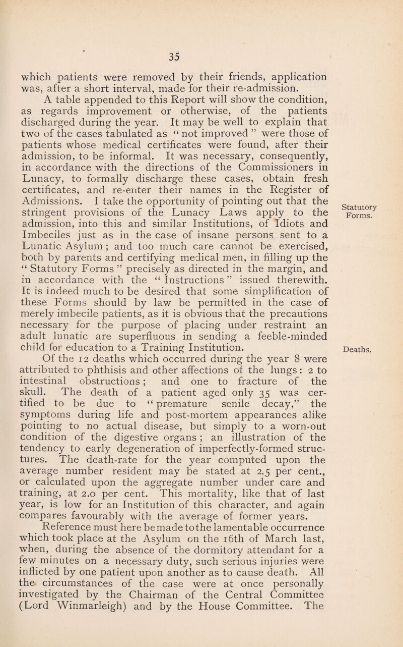 which patients were removed by their friends, application was, after a short interval, made for their re-admission. A table appended to this Report will show the condition, as regards improvement or otherwise, of the patients discharged during the year. It may be well to explain that two of the cases tabulated as “ not improved ” were those of patients whose medical certificates were found, after their admission, to be informal. It was necessary, consequently, in accordance with the directions of the Commissioners in Lunacy, to formally discharge these cases, obtain fresh certificates, and re-enter their names in the Register of Admissions. I take the opportunity of pointing out that the stringent provisions of the Lunacy Laws apply to the admission, into this and similar Institutions, of Idiots and Imbeciles just as in the case of insane persons sent to a Lunatic Asylum ; and too much care cannot be exercised, both by parents and certifying medical men, in filling up the “ Statutory Forms ” precisely as directed in the margin, and in accordance with the “ Instructions ” issued therewith. It is indeed much to be desired that some simplification of these Forms should by law be permitted in the case of merely imbecile patients, as it is obvious that the precautions necessary for the purpose of placing under restraint an adult lunatic are superfluous in sending a feeble-minded child for education to a Training Institution. Of the 12 deaths which occurred during the year 8 were attributed to phthisis and other affections of the lungs: 2 to intestinal obstructions; and one to fracture of the skull. The death of a patient aged only 35 was cer¬ tified to be due to “ premature senile decay,” the symptoms during life and post-mortem appearances alike pointing to no actual disease, but simply to a worn-out condition of the digestive organs ; an illustration of the tendency to early degeneration of imperfectly-formed struc¬ tures. The death-rate for the year computed upon the average number resident may be stated at 2.5 per cent., or calculated upon the aggregate number under care and training, at 2.0 per cent. This mortality, like that of last year, is low for an Institution of this character, and again compares favourably with the average of former years. Reference must here be made to the lamentable occurrence which took place at the Asylum on the 16th of March last, when, during the absence of the dormitory attendant for a few minutes on a necessary duty, such serious injuries were inflicted by one patient upon another as to cause death. All the circumstances of the case were at once personally investigated by the Chairman of the Central Committee (Lord Winmarleigh) and by the Flouse Committee. The Statutory Forms. Deaths.