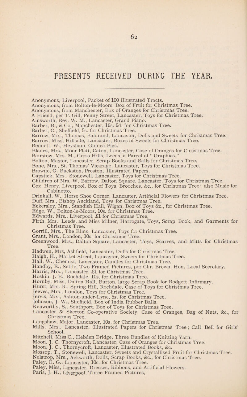 PRESENTS RECEIVED DURING THE YEAR, Anonymous, Liverpool, Packet of 100 Illustrated Tracts. Anonymous, from Bolton-le-Moors, Box of Fruit for Christmas Tree. Anonymous, from Manchester, Box of Oranges for Christmas Tree. A Friend, per T. Gill, Penny Street, Lancaster, Toys for Christmas Tree. Ainsworth, Rev. W. M., Lancaster, Grand Piano. Barber, B., & Co., Manchester, 16s. 6d. for Christmas Tree. Barber, C., Sheffield, 5s. for Christmas Tree. Barrow, Mrs., Thomas, Baldrand, Lancaster, Dolls and Sweets for Christmas Tree. Barrow, Miss, Hillside, Lancaster, Boxes of Sweets for Christmas Tree. Bennett, W., Heysham, Guinea Pigs. Blades, Mrs., Moor Platt, Caton, Lancaster, Case of Oranges for Christmas Tree. Bairstow, Mrs. M., Cross Hills, Leeds, a Parcel of “ Graphics.” Bolton, Master, Lancaster, Scrap Books and Balls for Christmas Tree. Bone, Mrs., St. Thomas’ Vicarage, Lancaster, Toys for Christmas Tree. Browne, G. Buckston, Preston, Illustrated Papers. Capstick, Mrs., Stonewell, Lancaster, Toys for Christmas Tree. Children of Mrs. W. Barrow, Dalton Square, Lancaster, Toys for Christmas Tree. Cox, Henry, Liverpool, Box of Toys, Brooches, &c., for Christmas Tree; also Music for Cabinetto. Drinkall, W., Horse Shoe Corner, Lancaster, Artificial Flowers for Christmas Tree. Duff, Mrs., Bishop Auckland, Toys for Christmas Tree. Eckersley, Mrs., Standish Hall, Wigan, Box of Toys &c., for Christmas Tree. Edge, W., Bolton-le-Moors, 10s. for Christmas Tree. Edwards, Mrs., Liverpool, £1 for Christmas Tree, Firth, Mrs., Leeds, and Miss Milner, Harrogate, Toys, Scrap Book, and Garments for Christmas Tree. Gorrill, Mrs., The Elms, Lancaster, Toys for Christmas Tree. Grant, Mrs., London, 10s. for Christmas Tree. Greenwood, Mrs., Dalton Square, Lancaster, Toys, Scarves, and Mitts for Christmas Tree. Hadwen, Mrs, Ashfield, Lancaster, Dolls for Christmas Tree. Haigh, H., Market Street, Lancaster, Sweets for Christmas Tree. Hall, W., Chemist, Lancaster, Candles for Christmas Tree. Handby, E., Settle, Two Framed Pictures, per Chr. Brown, Hon. Local Secretary. Harris, Mrs., Lancaster, £1 for Christmas Tree. Hoskin, J. B., Rochdale, 10s. for Christmas Tree. Hornby, Miss, Dalton Hall, Burton, large Scrap Book for Rodgett Infirmary. Hurst, Mrs. R., Spring Hill, Rochdale, Case of Toys for Christmas Tree. Jeeves, Mrs., London, Toys for Christmas Tree. Jervis, Mrs., Ashton-under-Lyne, 5s. for Christmas Tree. Johnson, J. W., Sheffield, Box of India Rubber Balls. Kenworthy, S., Southport, Box of Toys for Christmas Tree. Lancaster & Skerton Co-operative Society, Case of Oranges, Bag of Nuts, &c., for Christmas Tree. Langshaw, Major, Lancaster, 10s, for Christmas Tree. Mills, Mrs., Lancaster, Illustrated Papers for Christmas Tree; Call Bell for Girls’ School. Mitchell, Miss C., Hebden Bridge, Three Bundles of Knitting Yarn. Moon, J. C. Thornycroft, Lancaster, Case of Oranges for Christmas Tree. Moon, J. C., Thornycroft, Lancaster, Illustrated Books, &c. Mossop, T., Stonewell, Lancaster, Sweets and Crystallised Fruit for Christmas Tree. Nelstrop, Mrs., Ackworth, Dolls, Scrap Books, &c., for Christmas Tree. Paley, E. G., Lancaster, 10s. for Christmas Tree. Paley, Miss, Lancaster, Dresses, Ribbons, and Artificial Flowers. Paris, J. H., Liverpool, Three Framed Pictures,