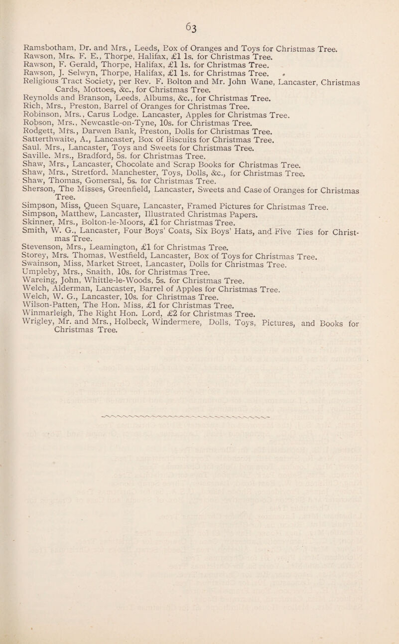 °3 Ramsbotham, Dr. and Mrs., Leeds, Eox of Oranges and Toys for Christmas Tree. Rawson, Mrs. F. E., Thorpe, Halifax, £1 Is. for Christmas Tree. Rawson, F. Gerald, Thorpe, Halifax, £1 Is. for Christmas Tree. Rawson, J. Selwyn, Thorpe, Halifax, £1 Is. for Christmas Tree. Religious Tract Society, per Rev. F. Bolton and Mr. John Wane, Lancaster, Christmas Cards, Mottoes, &c., for Christmas Tree. Reynolds and Branson, Leeds, Albums, &c., for Christmas Tree. Rich, Mrs., Preston, Barrel of Oranges for Christmas Tree. Robinson, Mrs., Carus Lodge. Lancaster, Apples for Christmas Tree. Robson, Mrs., Newcastle-on-Tyne, 10s. for Christmas Tree. Rodgett, Mrs., Darwen Bank, Preston, Dolls for Christmas Tree. Satterthwaite, A., Lancaster, Box of Biscuits for Christmas Tree. Saul, Mrs., Lancaster, Toys and Sweets for Christmas Tree. Saville. Mrs., Bradford, 5s. for Christmas Tree. Shaw, Mrs., Lancaster, Chocolate and Scrap Books for Christmas Tree. Shaw, Mrs., Stretford. Manchester, Toys, Dolls, &c., for Christmas Tree. Shaw, Thomas, Gomersal, 5s. for Christmas Tree. Sherson, The Misses, Greenfield, Lancaster, Sweets and Case of Oranges for Christmas Tree. Simpson, Miss, Queen Square, Lancaster, Framed Pictures for Christmas Tree. Simpson, Matthew, Lancaster, Illustrated Christmas Papers. Skinner, Mrs., Bolton-le-Moors, £1 for Christmas Tree. Smith, W. G., Lancaster, Four Boys’ Coats, Six Boys’ Hats, and Five Ties for Christ¬ mas Tree. Stevenson, Mrs., Leamington, £1 for Christmas Tree. Storey, Mrs. Thomas, Westfield, Lancaster, Box of Toys for Christmas Tree. Swainson, Miss, Market Street, Lancaster, Dolls for Christmas Tree. Umpleby, Mrs., Snaith, 10s. for Christmas Tree. Wareing, John, Whittle-le-Woods, 5s. for Christmas Tree. Welch, Alderman, Lancaster, Barrel of Apples for Christmas Tree. Welch, W. G., Lancaster, 10s. for Christmas Tree. Wilson-Patten, The Hon. Miss, £1 for Christmas Tree. Winmarleigh, The Right Hon. Lord, £2 for Christmas Tree. Wrigley, Mr. and Mrs., Holbeck, Windermere, Dolls, Toys, Pictures, and Books for Christmas Tree.