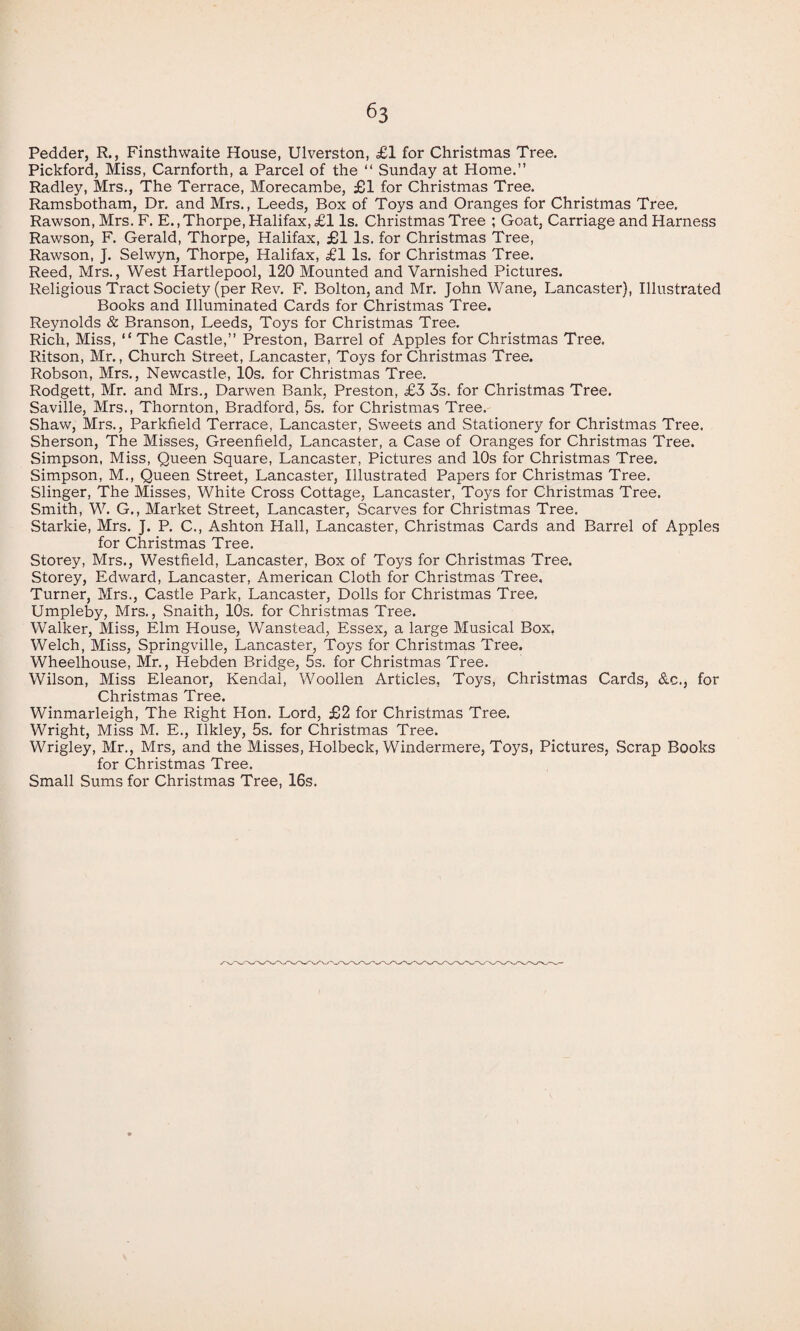 Pedder, R., Finsthwaite House, Ulverston, £1 for Christmas Tree. Pickford, Miss, Carnforth, a Parcel of the “ Sunday at Home.” Radley, Mrs., The Terrace, Morecambe, £1 for Christmas Tree. Ramsbotham, Dr. and Mrs., Leeds, Box of Toys and Oranges for Christmas Tree. Rawson, Mrs. F. E.,Thorpe, Halifax, £1 Is. Christmas Tree ; Goat, Carriage and Harness Rawson, F. Gerald, Thorpe, Halifax, £1 Is. for Christmas Tree, Rawson, J. Selwyn, Thorpe, Halifax, £1 Is. for Christmas Tree. Reed, Mrs., West Hartlepool, 120 Mounted and Varnished Pictures. Religious Tract Society (per Rev. F. Bolton, and Mr. John Wane, Lancaster), Illustrated Books and Illuminated Cards for Christmas Tree. Reynolds & Branson, Leeds, Toys for Christmas Tree. Rich, Miss, “ The Castle,” Preston, Barrel of Apples for Christmas Tree. Ritson, Mr., Church Street, Lancaster, Toys for Christmas Tree. Robson, Mrs., Newcastle, 10s. for Christmas Tree. Rodgett, Mr. and Mrs., Darwen Bank, Preston, £3 3s. for Christmas Tree. Saville, Mrs., Thornton, Bradford, 5s. for Christmas Tree. Shaw, Mrs., Parkfield Terrace, Lancaster, Sweets and Stationery for Christmas Tree. Sherson, The Misses, Greenfield, Lancaster, a Case of Oranges for Christmas Tree. Simpson, Miss, Queen Square, Lancaster, Pictures and 10s for Christmas Tree. Simpson, M., Queen Street, Lancaster, Illustrated Papers for Christmas Tree. Slinger, The Misses, White Cross Cottage, Lancaster, Toys for Christmas Tree. Smith, W. G., Market Street, Lancaster, Scarves for Christmas Tree. Starkie, Mrs. J. P. C., Ashton Hall, Lancaster, Christmas Cards and Barrel of Apples for Christmas Tree. Storey, Mrs., Westfield, Lancaster, Box of Toys for Christmas Tree. Storey, Edward, Lancaster, American Cloth for Christmas Tree, Turner, Mrs., Castle Park, Lancaster, Dolls for Christmas Tree, Umpleby, Mrs., Snaith, 10s. for Christmas Tree. Walker, Miss, Elm House, Wanstead, Essex, a large Musical Box, Welch, Miss, Springville, Lancaster, Toys for Christmas Tree. Wheelhouse, Mr., Hebden Bridge, 5s. for Christmas Tree. Wilson, Miss Eleanor, Kendal, Woollen Articles. Toys, Christmas Cards, &c., for Christmas Tree. Winmarleigh, The Right Hon. Lord, £2 for Christmas Tree. Wright, Miss M. E., Ilkley, 5s. for Christmas Tree. Wrigley, Mr., Mrs, and the Misses, Holbeck, Windermere, Toys, Pictures, Scrap Books for Christmas Tree. Small Sums for Christmas Tree, 16s.