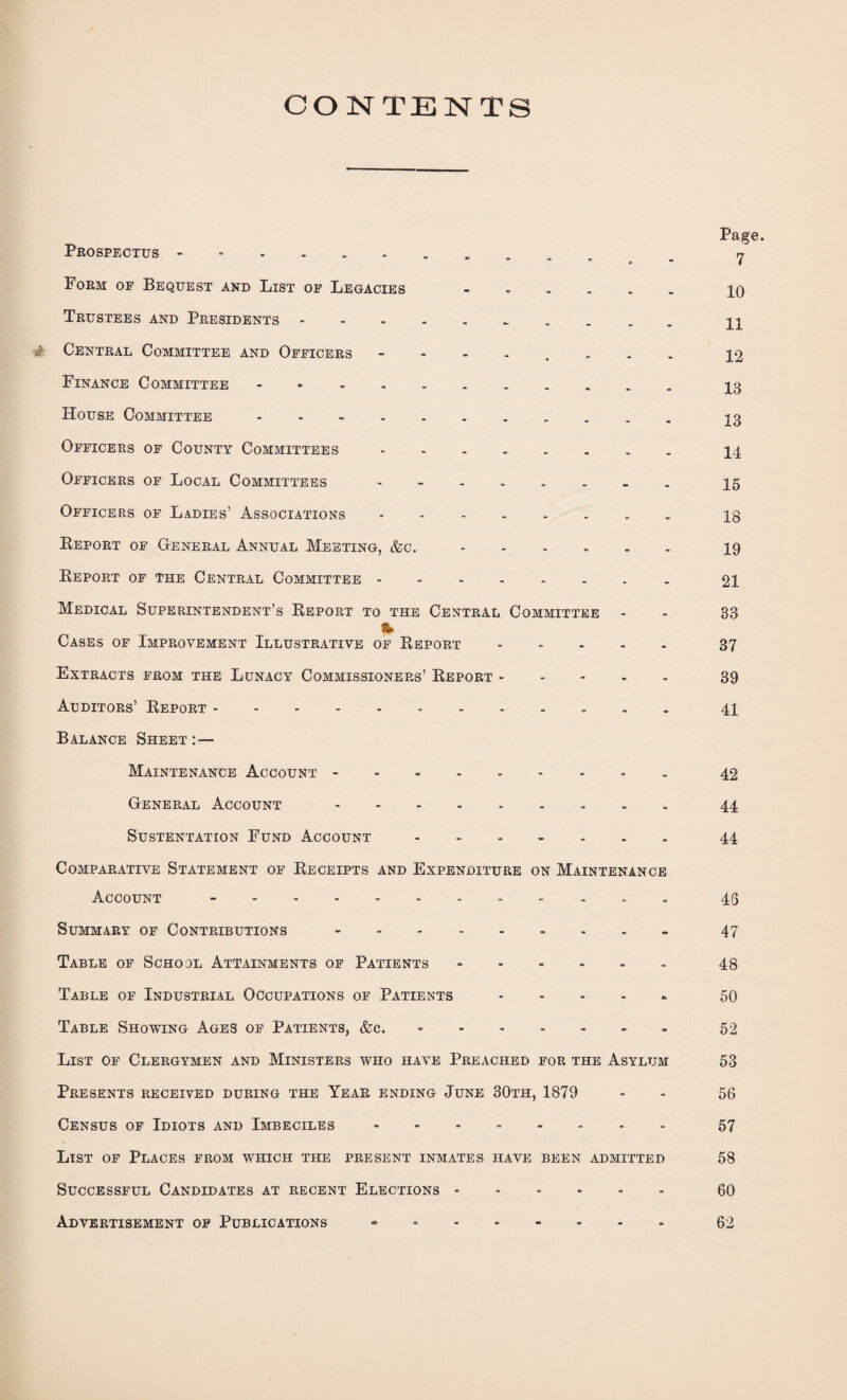 CONTENTS Page. Prospectus . _ „ Form of Bequest and List of Legacies ...... 10 Trustees and Presidents. 44 ■i Central Committee and Officers 12 Finance Committee - 13 House Committee . 13 Officers of County Committees.14 Officers of Local Committees 15 Officers of Ladies’ Associations - .13 Report of General Annual Meeting, &c..19 Report of the Central Committee 21 Medical Superintendent’s Report to the Central Committee - - 33 % Cases of Improvement Illustrative of Report ..... 37 Extracts from the Lunacy Commissioners’ Report.39 Auditors’ Report.41 Balance Sheet: — Maintenance Account. 42 General Account.44 SUSTENTATION FUND ACCOUNT.44 Comparative Statement of Receipts and Expenditure on Maintenance Account -.. 46 Summary of Contributions.- 47 Table of School Attainments of Patients = 43 Table of Industrial Occupations of Patients ..... 50 Table Showing Ages of Patients, &c..52 List of Clergymen and Ministers who have Preached for the Asylum 53 Presents received during the Year ending June 30th, 1879 - - 56 Census of Idiots and Imbeciles. 57 List of Places from which the present inmates have been admitted 58 Successful Candidates at recent Elections -.60 Advertisement of Publications » .62