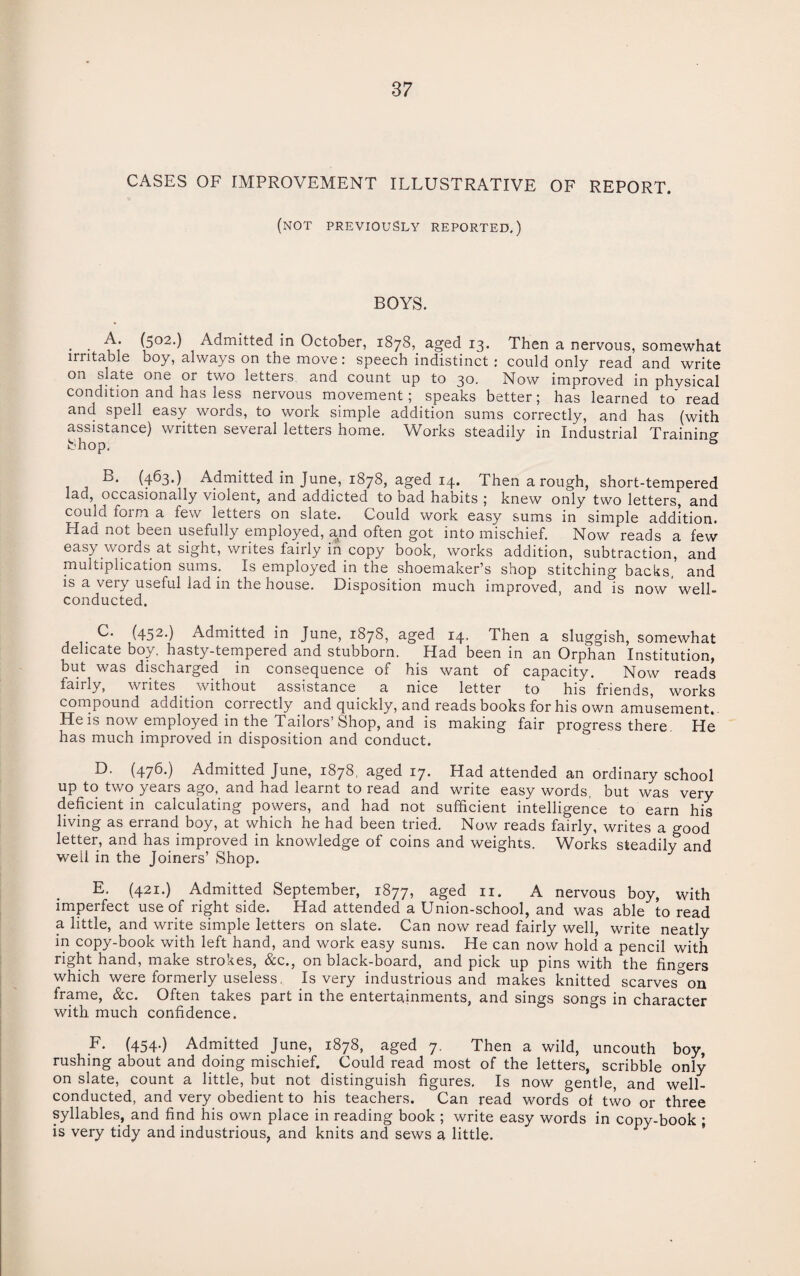 CASES OF IMPROVEMENT ILLUSTRATIVE OF REPORT. (not PREVIOUSLY reported.) BOYS. • • ui (.502') Admitted in October, 1878, aged 13. Then a nervous, somewhat irritable boy, always on the move: speech indistinct: could only read and write on slate one or two letters and count up to 30. Now improved in physical condition and has less nervous movement; speaks better; has learned to' read and spell easy words, to work simple addition sums correctly, and has (with assistance) written several letters home. Works steadily in Industrial Training B. (463.) Admitted in June, 1878, aged 14. Then a rough, short-tempered lad, occasionally violent, and addicted to bad habits ; knew only two letters, and could form a few letters on slate. Could work easy sums in simple addition. Had not been usefully employed, and often got into mischief. Now reads a few easy words at sight, writes fairly in copy book, works addition, subtraction, and multiplication sums; Is employed in the shoemaker’s shop stitching backs, and is a very useful lad in the house. Disposition much improved, and is now well- conducted. C. (452.) Admitted in June, 1878, aged 14. Then a sluggish, somewhat delicate boy. hasty-tempered and stubborn. Had been in an Orphan Institution, but was discharged in consequence of his want of capacity. Now reads fairly, writes without assistance a nice letter to his friends, works compound audition correctly and quickly, and reads books for his own amusement. He is now employed in the Tailors’Shop, and is making fair progress there He has much improved in disposition and conduct. D. (476.) Admitted June, 1878, aged 17. Had attended an ordinary school up to two years ago, and had learnt to read and write easy words but was very deficient in calculating powers, and had not sufficient intelligence to earn his living as errand boy, at which he had been tried. Now reads fairly, writes a good letter, and has improved in knowledge of coins and weights. Works steadilv and well in the Joiners’ Shop. E. (421.) Admitted September, 1877, aged 11 • A nervous boy, with imperfect use of right side. Had attended a Union-school, and was able to read a little, and write simple letters on slate. Can now read fairly well, write neatly in copy-book with left hand, and work easy sums. He can now hold’ a pencil with right hand, make strokes, &c., on black-board, and pick up pins with the finders which were formerly useless, Is very industrious and makes knitted scarves°on frame, &c. Often takes part in the entertainments, and sings songs in character with much confidence. F. (454.) Admitted June, 1878, aged 7. Then a wild, uncouth boy, rushing about and doing mischief. Could read most of the letters, scribble only on slate, count a little, but not distinguish figures. Is now gentle, and well- conducted, and very obedient to his teachers. Can read words of two or three syllables, and find his own place in reading book ; write easy words in copy-book ; is very tidy and industrious, and knits and sews a little.