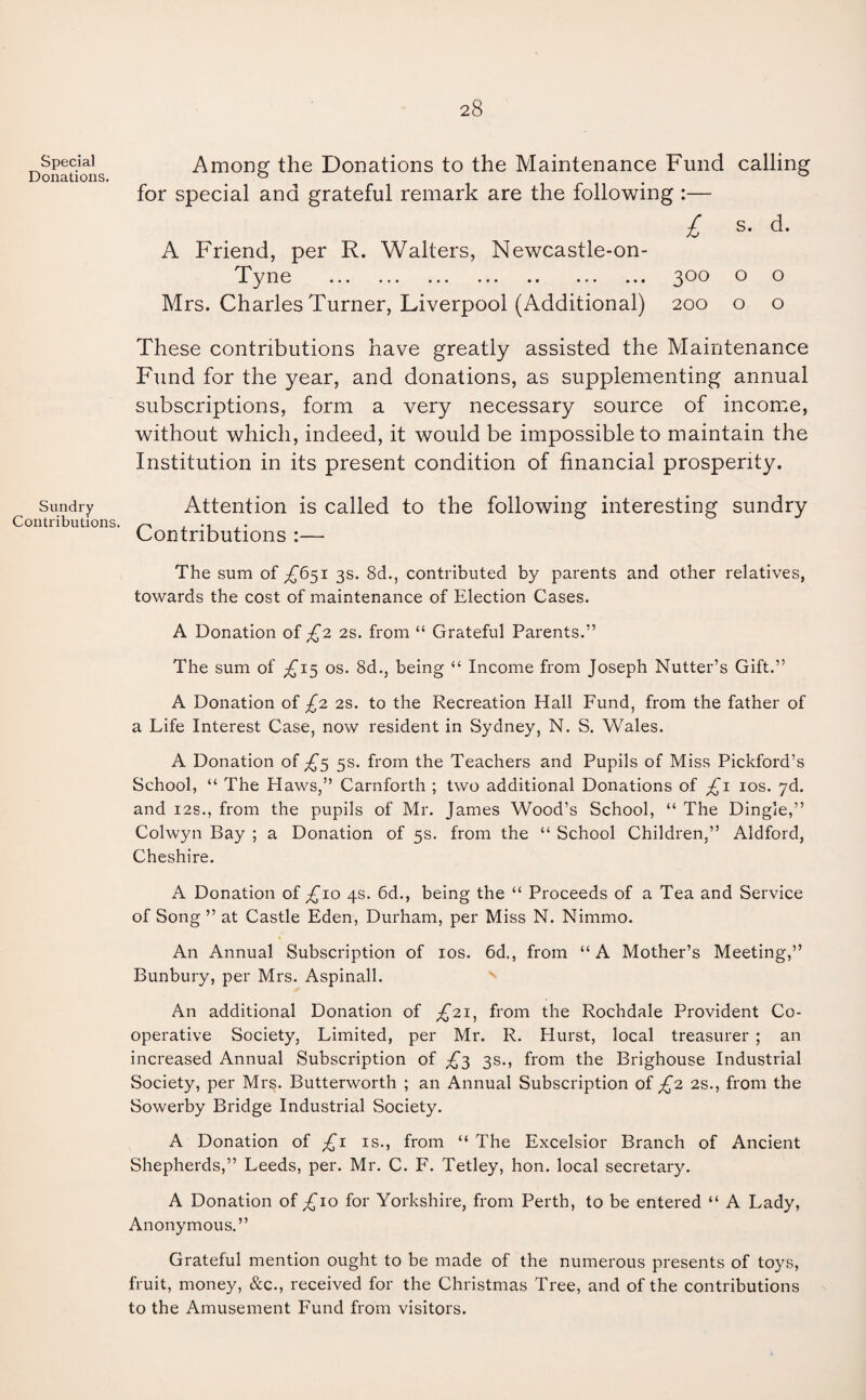 Special Donations. Among the Donations to the Maintenance Fund calling for special and grateful remark are the following :— £ s. d. A Friend, per R. Walters, Newcastle-on- Tyne . 300 o o Mrs. Charles Turner, Liverpool (Additional) 200 o o These contributions have greatly assisted the Maintenance Fund for the year, and donations, as supplementing annual subscriptions, form a very necessary source of income, without which, indeed, it would be impossible to maintain the Institution in its present condition of financial prosperity. Sundry Contributions. Attention is called to the following interesting sundry Contributions :— The sum of ,£651 3s. 8d., contributed by parents and other relatives, towards the cost of maintenance of Election Cases. A Donation of £2 2s. from “ Grateful Parents.” The sum of TI5 os. 8d., being “ Income from Joseph Nutter’s Gift.” A Donation of £2 2s. to the Recreation Hall Fund, from the father of a Life Interest Case, now resident in Sydney, N. S. Wales. A Donation of £5 5s. from the Teachers and Pupils of Miss Pickford’s School, “ The Haws,” Carnforth ; two additional Donations of £1 10s. yd. and 12s., from the pupils of Mr. James Wood’s School, “ The Dingle,” Colwyn Bay ; a Donation of 5s. from the “ School Children,” Aldford, Cheshire. A Donation of £10 4s. 6d., being the “ Proceeds of a Tea and Service of Song ” at Castle Eden, Durham, per Miss N. Nimmo. An Annual Subscription of 10s. 6d., from “A Mother’s Meeting,” Bunbury, per Mrs. Aspinall. An additional Donation of £21, from the Rochdale Provident Co¬ operative Society, Limited, per Mr. R. Hurst, local treasurer ; an increased Annual Subscription of £3 3s., from the Brighouse Industrial Society, per Mrs. Butterworth ; an Annual Subscription of £2 2s., from the Sowerby Bridge Industrial Society. A Donation of £1 is., from “ The Excelsior Branch of Ancient Shepherds,” Leeds, per. Mr. C. F. Tetley, hon. local secretary. A Donation of T10 for Yorkshire, from Perth, to be entered “ A Lady, Anonymous.” Grateful mention ought to be made of the numerous presents of toys, fruit, money, &c., received for the Christmas Tree, and of the contributions to the Amusement Fund from visitors.