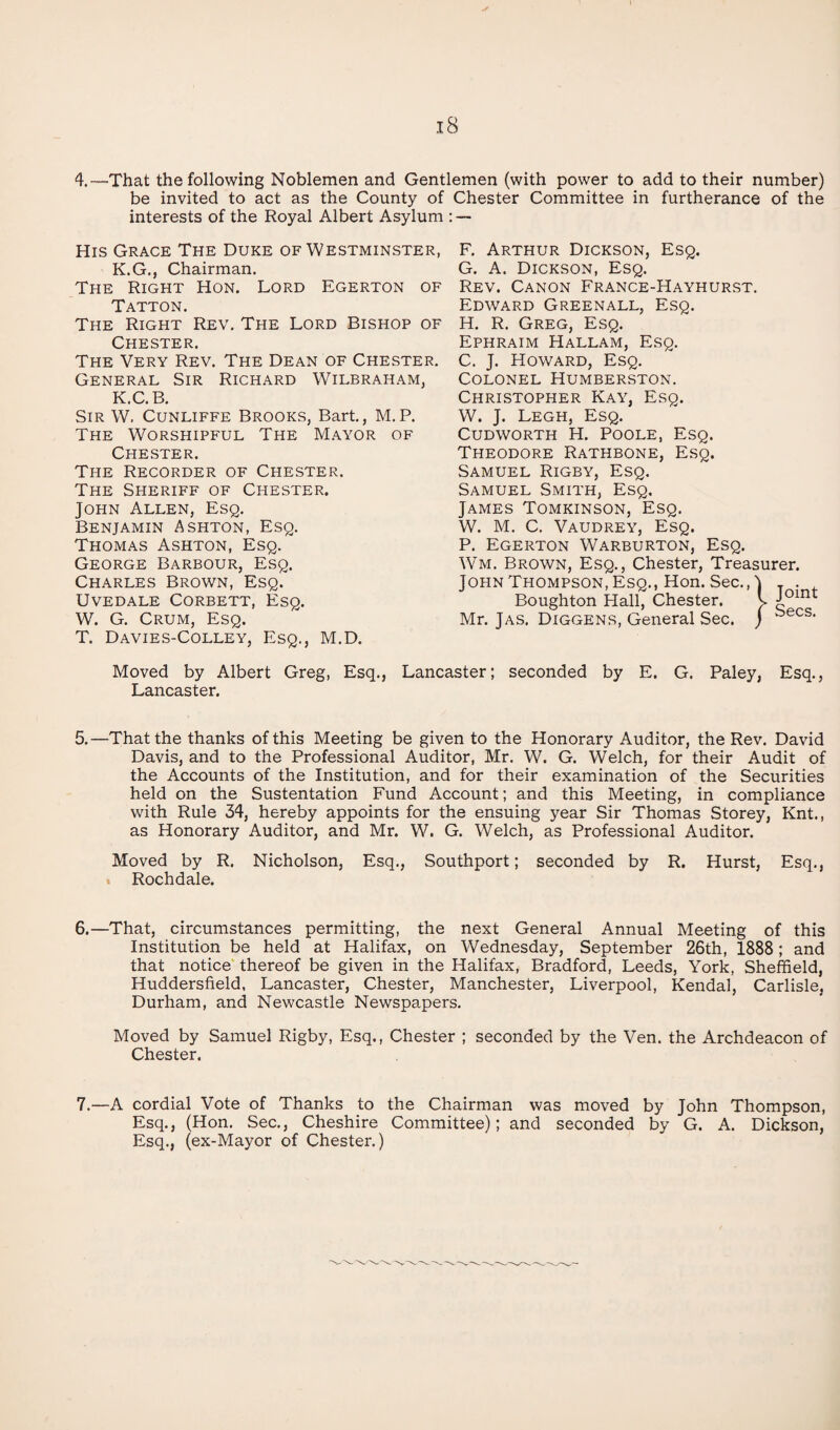 t 4.—That the following Noblemen and Gentlemen (with power to add to their number) be invited to act as the County of Chester Committee in furtherance of the interests of the Royal Albert Asylum : — His Grace The Duke of Westminster, K.G., Chairman. The Right Hon. Lord Egerton of Tatton. The Right Rev. The Lord Bishop of Chester. The Very Rev. The Dean of Chester. General Sir Richard Wilbraham, K.C. B. Sir W. Cunliffe Brooks, Bart., M.P. The Worshipful The Mayor of Chester. The Recorder of Chester. The Sheriff of Chester. John Allen, Esq. Benjamin Ashton, Esq. Thomas Ashton, Esq. George Barbour, Esq. Charles Brown, Esq. Uvedale Corbett, Esq. W. G. Crum, Esq. T. Davies-Colley, Esq., M.D. Moved by Albert Greg, Esq., Lancaster. F. Arthur Dickson, Esq. G. A. Dickson, Esq. Rev. Canon France-Hayhurst. Edward Greenall, Esq. H. R. Greg, Esq. Ephraim Hallam, Esq. C. J. Howard, Esq. Colonel Humberston. Christopher Kay, Esq. W. J. Legh, Esq. Cudworth H. Poole, Esq. Theodore Rathbone, Esq. Samuel Rigby, Esq. Samuel Smith, Esq. James Tomkinson, Esq. W. M. C. Vaudrey, Esq. P. Egerton Warburton, Esq. Wm. Brown, Esq., Chester, Treasurer. John Thompson, Esq., Hon. Sec., J T . Boughton Hall, Chester. v Jomt Mr. Jas. Diggens, General Sec. j becs- Lancaster; seconded by E. G. Paley, Esq., 5.—That the thanks of this Meeting be given to the Honorary Auditor, the Rev. David Davis, and to the Professional Auditor, Mr. W. G. Welch, for their Audit of the Accounts of the Institution, and for their examination of the Securities held on the Sustentation Fund Account; and this Meeting, in compliance with Rule 34, hereby appoints for the ensuing year Sir Thomas Storey, Knt., as Honorary Auditor, and Mr. W. G. Welch, as Professional Auditor. Moved by R. Nicholson, Esq., Southport; seconded by R. Hurst, Esq., Rochdale. 6.—That, circumstances permitting, the next General Annual Meeting of this Institution be held at Halifax, on Wednesday, September 26th, 1888; and that notice thereof be given in the Halifax, Bradford, Leeds, York, Sheffield, Huddersfield, Lancaster, Chester, Manchester, Liverpool, Kendal, Carlisle, Durham, and Newcastle Newspapers. Moved by Samuel Rigby, Esq., Chester ; seconded by the Ven. the Archdeacon of Chester. 7.—A cordial Vote of Thanks to the Chairman was moved by John Thompson, Esq., (Hon. Sec., Cheshire Committee); and seconded by G. A. Dickson, Esq., (ex-Mayor of Chester.)