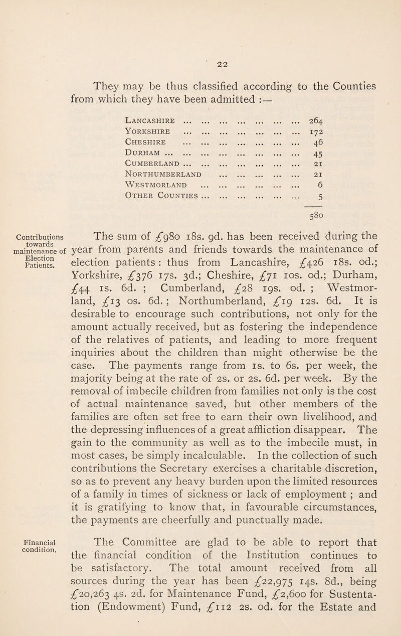 Contributions towards maintenance of Election Patients. Financial condition. They may be thus classified according to the Counties from which they have been admitted Lancashire . 264 Yorkshire . 172 Cheshire . 46 Durham. 45 Cumberland. 21 Northumberland . 21 Westmorland .„ . 6 Other Counties. 5 The sum of ^*980 18s. gd. has been received during the year from parents and friends towards the maintenance of election patients : thus from Lancashire, ^426 18s. od.; Yorkshire, ^376 17s. 3d.; Cheshire, /71 10s. od.; Durham, ^44 is. 6d. ; Cumberland, ^28 19s. od. ; Westmor¬ land, /13 os. 6do ; Northumberland, ^19 12s. 6d. It is desirable to encourage such contributions, not only for the amount actually received, but as fostering the independence of the relatives of patients, and leading to more frequent inquiries about the children than might otherwise be the case. The payments range from is. to 6s. per week, the majority being at the rate of 2s. or 2s. 6d. per week. By the removal of imbecile children from families not only is the cost of actual maintenance saved, but other members of the families are often set free to earn their own livelihood, and the depressing influences of a great affliction disappear. The gain to the community as well as to the imbecile must, in most cases, be simply incalculable. In the collection of such contributions the Secretary exercises a charitable discretion, so as to prevent any heavy burden upon the limited resources of a family in times of sickness or lack of employment ; and it is gratifying to know that, in favourable circumstances, the payments are cheerfully and punctually made. The Committee are glad to be able to report that the financial condition of the Institution continues to be satisfactory. The total amount received from all sources during the 3/ear has been ^22,975 14s. 8d., being ^20,263 4s. 2d. for Maintenance Fund, £2,600 for Sustenta- tion (Endowment) Fund, ^112 2s. od. for the Estate and