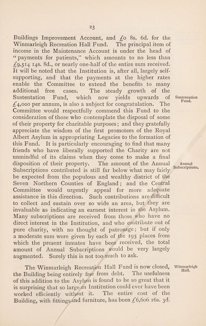Buildings Improvement Account, and £o 8s. 6d. for the Winmarleigh Recreation Hall Fund. The principal item of income in the Maintenance Account is under the head of “ payments for patients,” which amounts to no less than ^9,514 14s. 8d., or nearly one-half of the entire sum received. It will be noted that the Institution is, after all, largely self- supporting, and that the payments at the higher rates enable the Committee to extend the benefits to many additional free cases. The steady growth of the Sustentation Fund, which now yields upwards of ^*4,000 per annum, is also a subject for congratulation. The Committee would respectfully commend this Fund to the consideration of those who contemplate the disposal of some of their property for charitable purposes ; and they gratefully appreciate the wisdom of the first promoters of the Royal Albert Asylum in appropriating Legacies to the formation of this Fund. It is particularly encouraging to find that many friends who have liberally supported the Charity are not unmindful of its claims when they come to make a final disposition of their property. The amount of the Annual Subscriptions contributed is still far below what may fairly be expected from the populous and wealthy district of the Seven Northern Counties of England ; and the Central Committee would urgently appeal for more adequate assistance in this direction. Such contributions are difficult to collect and sustain over so wide an area, but they are invaluable as indicating an earnest interest in the Asylum. Many subscriptions are received from those who have no direct interest in the Institution, and who contribute out of pure charity, with no thought of patronage; but if only a moderate sum were given by each of the 195 places from which the present inmates have been received, the total amount of Annual Subscriptions would be very largely augmented. Surely this is not too much to ask. The Winmarleigh Recreation Hall Fund is now closed, the Building being entirely free from debt. The usefulness of this addition to the Asylum is found to be so great that it is surprising that so large an Institution could ever have been worked efficiently without it. The entire cost of the Building, with fittingsand furniture, has been £6,606 16s. 3d. Sustentation Fund. Annual Subscriptions. Winmarleigh Hall.