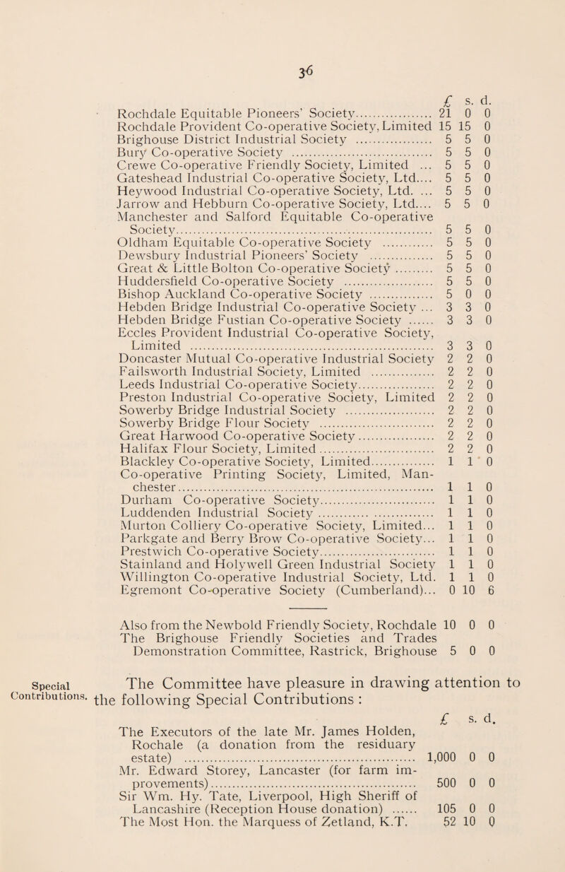 Special Contributions. £ s. d. Rochdale Equitable Pioneers’ Society. 21 0 0 Rochdale Provident Co-operative Society, Limited 15 15 0 Brighouse District Industrial Society . 5 5 0 Bury Co-operative Society . 5 5 0 Crewe Co-operative Friendly Society, Limited ... 5 5 0 Gateshead Industrial Co-operative Society, Ltd.... 5 5 0 Heywood Industrial Co-operative Society, Ltd. ... 5 5 0 Jarrow and Hebburn Co-operative Society, Ltd.... 5 5 0 Manchester and Salford Equitable Co-operative Society. 5 5 0 Oldham Equitable Co-operative Society . 5 5 0 Dewsbury Industrial Pioneers’ Society . 5 5 0 Great & Little Bolton Co-operative Society. 5 5 0 Huddersfield Co-operative Society . 5 5 0 Bishop Auckland Co-operative Society . 5 0 0 Hebden Bridge Industrial Co-operative Society ... 3 3 0 Hebden Bridge Fustian Co-operative Society . 3 3 0 Eccles Provident Industrial Co-operative Society, Limited . 3 3 0 Doncaster Mutual Co-operative Industrial Society 2 2 0 Failsworth Industrial Society, Limited . 2 2 0 Leeds Industrial Co-operative Society. 2 2 0 Preston Industrial Co-operative Society, Limited 2 2 0 Sowerby Bridge Industrial Society . 2 2 0 Sowerby Bridge Flour Society . 2 2 0 Great Harwood Co-operative Society. 2 2 0 Halifax Flour Society, Limited. 2 2 0 Blackley Co-operative Society, Limited. 110 Co-operative Printing Society, Limited, Man¬ chester . 1 1 0 Durham Co-operative Society. 110 Luddenden Industrial Society. 1 1 0 Murton Colliery Co-operative Society, Limited... 110 Parkgate and Berry Brow Co-operative Society... 110 Prestwich Co-operative Society. 110 Stainland and Holywell Green Industrial Society 110 Willington Co-operative Industrial Society, Ltd. 110 Egremont Co-operative Society (Cumberland)... 0 10 6 Also from the Newbold Friendly Society, Rochdale 10 0 0 The Brighouse Friendly Societies and Trades Demonstration Committee, Rastrick, Brighouse 5 0 0 The Committee have pleasure in drawing attention to the following Special Contributions : £ s. d. The Executors of the late Mr. James Holden, Rochale (a donation from the residuary estate) . 1,000 0 0 Mr. Edward Storey, Lancaster (for farm im¬ provements) . 500 0 0 Sir Wm. Hy. Tate, Liverpool, High Sheriff of Lancashire (Reception House donation) . 105 0 0 The Most Hon. the Marquess of Zetland, K.T. 52 10 0