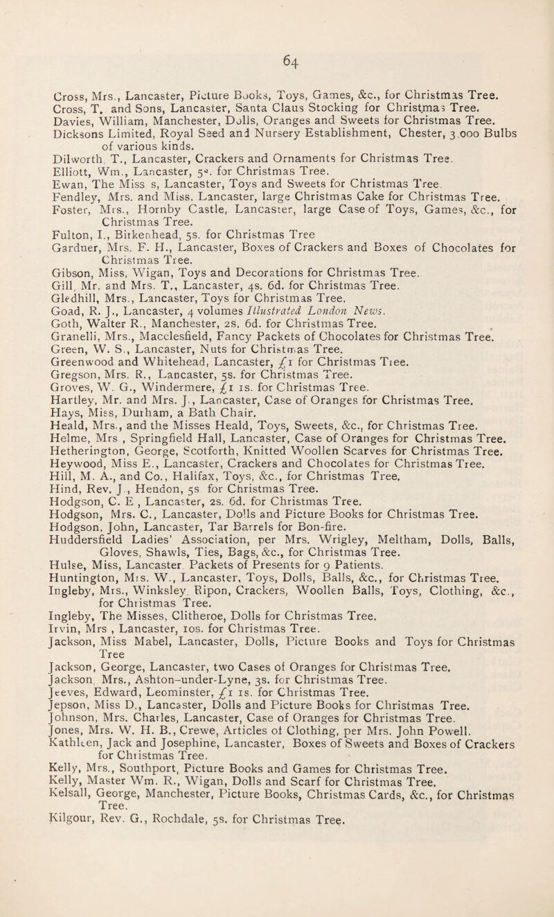 Cross, Mrs., Lancaster, Picture Books, Toys, Games, &c., for Christmas Tree. Cross, T. and Sons, Lancaster, Santa Claus Stocking for Christmas Tree. Davies, William, Manchester, Dolls, Oranges and Sweets for Christmas Tree. Dicksons Limited, Royal Seed and Nursery Establishment, Chester, 3,000 Bulbs of various kinds. Dilworth, T., Lancaster, Crackers and Ornaments for Christmas Tree. Elliott, Wm., Lancaster, 5*. for Christmas Tree. Ewan, The Miss s, Lancaster, Toys and Sweets for Christmas Tree. Fendley, Mrs. and Miss. Lancaster, large Christmas Cake for Christmas Tree. Foster, Mrs., Hornby Castle, Lancaster, large Case of Toys, Games, &c., for Christmas Tree. Fulton, I., Biikenhead, 5s. for Christmas Tree Gardner, Mrs. F. PI., Lancaster, Boxes of Crackers and Boxes of Chocolates for Christmas Tree. Gibson, Miss, Wigan, Toys and Decorations for Christmas Tree. Gill, Mr. and Mrs. T., Lancaster, 4s. 6d. for Christmas Tree. Gledhill, Mrs., Lancaster, Toys for Christmas Tree. Goad, R. J., Lancaster, 4 volumes Illustrated London News. Goth, Walter R., Manchester, 2s. 6d. for Christmas Tree. Granelli, Mrs., Macclesfield, Fancy Packets of Chocolates for Christmas Tree. Green, W. S., Lancaster, Nuts for Christmas Tree. Greenwood and Whitehead, Lancaster, £1 for Christmas Tiee. Gregson, Mrs. R., Lancaster, 5s. for Christmas Tree. Groves, W. G., Windermere, £1 is. for Christmas Tree. Hartley, Mr. and Mrs. J., Lancaster, Case of Oranges for Christmas Tree. Hays, Miss, Durham, a Bath Chair. Heald, Mrs., and the Misses Heald, Toys, Sweets, &c., for Christmas Tree. Helme, Mrs , Springfield Hall, Lancaster, Case of Oranges for Christmas Tree. Hetherington, George, Scotforth, Knitted Woollen Scarves for Christmas Tree. Heywood, Miss E., Lancaster, Crackers and Chocolates for Christmas Tree. Hill, M. A., and Co., Halifax, Toys, &c., for Christmas Tree. Hind, Rev. J., Hendon, 5s for Christmas Tree. Hodgson, C. E , Lancaster, 2s. 6d. for Christmas Tree. Hodgson, Mrs. C., Lancaster, Dolls and Picture Books for Christmas Tree. Hodgson. John, Lancaster, Tar Barrels for Bon-fire. Huddersfield Ladies’ Association, per Mrs. Wrigley, Meltham, Dolls, Balls, Gloves, Shawls, Ties, Bags, &c., for Christmas Tree. Hulse, Miss, Lancaster Packets of Presents for 9 Patients. Huntington, Mis. W., Lancaster, Toys, Dolls, Balls, &c., for Christmas Tree. Ingleby, Mrs., Winksley Ripon, Crackers, Woollen Balls, Toys, Clothing, &c., for Christmas Tree. Ingleby, The Misses, Clitheroe, Dolls for Christmas Tree. Irvin, Mrs , Lancaster, 10s. for Christmas Tree. Jackson, Miss Mabel, Lancaster, Dolls, Picture Books and Toys for Christmas Tree Jackson, George, Lancaster, two Cases of Oranges for Christmas Tree, Jackson Mrs., Ashton-under-Lyne, 3s. for Christmas Tree. Jeeves, Edward, Leominster, £1 is. for Christmas Tree. Jepson, Miss D., Lancaster, Dolls and Picture Books for Christmas Tree. Johnson, Mrs. Charles, Lancaster, Case of Oranges for Christmas Tree. Jones, Mrs. W. H. B., Crewe, Articles of Clothing, per Mrs. John Powell. Kathleen, Jack and Josephine, Lancaster, Boxes of Sweets and Boxes of Crackers for Christmas Tree. Kelly, Mrs., Southport, Picture Books and Games for Christmas Tree. Kelly, Master Wm. R., Wigan, Dolls and Scarf for Christmas Tree. Kelsall, George, Manchester, Picture Books, Christmas Cards, &c., for Christmas Tree. Kilgour, Rev. G., Rochdale, 5s. for Christmas Tree.