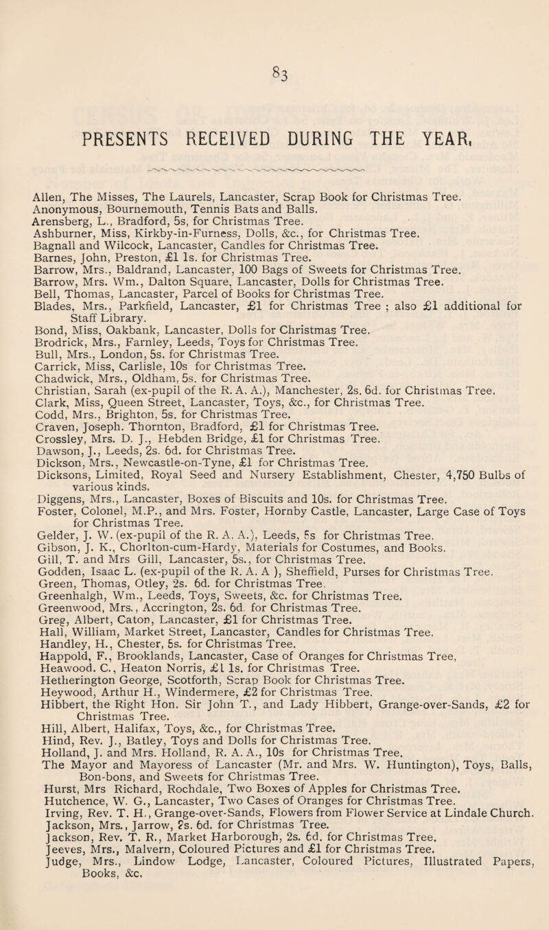 PRESENTS RECEIVED DURING THE YEAR, Allen, The Misses, The Laurels, Lancaster, Scrap Book for Christmas Tree. Anonymous, Bournemouth, Tennis Bats and Balls. Arensberg, L., Bradford, 5s, for Christmas Tree. Ashburner, Miss, Kirkby-in-Furness, Dolls, &c., for Christmas Tree. Bagnall and Wilcock, Lancaster, Candles for Christmas Tree. Barnes, John, Preston, £1 Is. for Christmas Tree. Barrow, Mrs., Baldrand, Lancaster, 100 Bags of Sweets for Christmas Tree. Barrow, Mrs. Wm., Dalton Square, Lancaster, Dolls for Christmas Tree. Bell, Thomas, Lancaster, Parcel of Books for Christmas Tree. Blades, Mrs., Parkfield, Lancaster, £1 for Christmas Tree ; also £1 additional for Staff Library. Bond, Miss, Oakbank, Lancaster, Dolls for Christmas Tree. Brodrick, Mrs., Farnley, Leeds, Toys for Christmas Tree. Bull, Mrs., London, 5s. for Christmas Tree. Carrick, Miss, Carlisle, 10s for Christmas Tree. Chadwick, Mrs., Oldham, 5s. for Christmas Tree. Christian, Sarah (ex-pupil of the R. A. A.), Manchester, 2s. 6d. for Christmas Tree. Clark, Miss, Queen Street, Lancaster, Toys, &c., for Christmas Tree. Codd, Mrs., Brighton, 5s. for Christmas Tree. Craven, Joseph. Thornton, Bradford, £1 for Christmas Tree. Crossley, Mrs. D. J., Hebden Bridge, £1 for Christmas Tree. Dawson, J., Leeds, 2s. 6d. for Christmas Tree. Dickson, Mrs., Newcastle-on-Tyne, £1 for Christmas Tree. Dicksons, Limited, Royal Seed and Nursery Establishment, Chester, 4,750 Bulbs of various kinds. Diggens, Mrs., Lancaster, Boxes of Biscuits and 10s. for Christmas Tree. Foster, Colonel, M.P., and Mrs. Foster, Hornby Castle, Lancaster, Large Case of Toys for Christmas Tree. Gelder, J. W. (ex-pupil of the R. A. A.), Leeds, 5s for Christmas Tree. Gibson, J. K., Chorlton-cum-Hardy, Materials for Costumes, and Books. Gill, T. and Mrs Gill, Lancaster, 5s., for Christmas Tree. Godden, Isaac L. (ex-pupil of the R. A. A ), Sheffield, Purses for Christmas Tree. Green, Thomas, Otley, 2s. 6d. for Christmas Tree. Greenhalgh, Wm., Leeds, Toys, Sweets, &c. for Christmas Tree. Greenwood, Mrs., Accrington, 2s. 6d. for Christmas Tree. Greg, Albert, Caton, Lancaster, £1 for Christmas Tree. Hall, William, Market Street, Lancaster, Candles for Christmas Tree. Handley, H., Chester, 5s. for Christmas Tree. Happold, F., Brooklands, Lancaster, Case of Oranges for Christmas Tree, Heawood. C., Heaton Norris, £l Is. for Christmas Tree. Hetherington George, Scotforth, Scrap Book for Christmas Tree. Heywood, Arthur H., Windermere, £2 for Christmas Tree. Hibbert, the Right Hon. Sir John T., and Lady Hibbert, Grange-over-Sands, £2 for Christmas Tree. Hill, Albert, Halifax, Toys, &c., for Christmas Tree, Hind, Rev. J., Batley, Toys and Dolls for Christmas Tree. Holland, J. and Mrs. Holland, R. A. A., 10s for Christmas Tree. The Mayor and Mayoress of Lancaster (Mr. and Mrs. W. Huntington), Toys, Balls, Bon-bons, and Sweets for Christmas Tree. Hurst, Mrs Richard, Rochdale, Two Boxes of Apples for Christmas Tree. Hutchence, W. G., Lancaster, Two Cases of Oranges for Christmas Tree. Irving, Rev. T. H., Grange-over-Sands, Flowers from Flower Service at Lindale Church. Jackson, Mrs., Jarrow, ?s. 6d. for Christmas Tree. Jackson, Rev. T. R., Market Harborough, 2s. 6d. for Christmas Tree. Jeeves, Mrs., Malvern, Coloured Pictures and £1 for Christmas Tree. Judge, Mrs., Lindow Lodge, Lancaster, Coloured Pictures, Illustrated Papers, Books, &c.