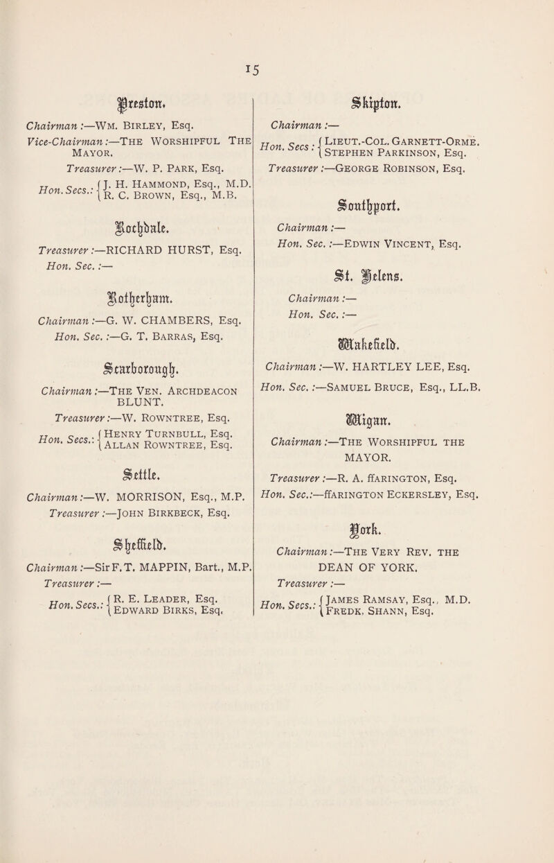 IJmtott* Chairman :—Wm. Birley, Esq. Vice-Chairman:—The Worshipful The Mayor. Treasurer:—W. P. Park, Esq. J. H. Hammond, Esq., M.D. R. C. Brown, Esq., M.B. Hon. Secs.: Treasurer:—RICHARD HURST, Esq. Hon. Sec.:— Chairman :—G. W. CHAMBERS, Esq. Hon. Sec.:—G. T. Barras, Esq. Chairman:—The Ven. Archdeacon BLUNT. Treasurer:—W. Rowntree, Esq. Hon. Secs.: Henry Turnbull, Esq. Allan Rowntree, Esq. little. Chairman:—W. MORRISON, Esq., M.P. Treasurer :—John Birkbeck, Esq. Chairman:—SirF.T. MAPPIN, Bart., M.P. Treasurer :— Hon Secs • I R E- Leader- EsT non. secs., j Edward Birks, Esq, Chairman rr . f Lieut.-Col. Garnett-Orme. o u becs- \ Stephen Parkinson, Esq. Treasurer:—George Robinson, Esq. JS0w%0rt. Chairman:— Hon. Sec. .-—Edwin Vincent* Esq. m. Chairman:— Hon. Sec. :— Chairman:—W. HARTLEY LEE, Esq. Hon. Sec. .-—Samuel Bruce, Esq., LL.B. liptr. Chairman:—The Worshipful the MAYOR. Treasurer:—R. A. ITarington, Esq. Hon. Sec.:—ffARiNGTON Eckersley, Esq. f|0rL Chairman:—The Very Rev. the DEAN OF YORK. Treasurer:— Hon Secs • jJAMES Ramsay, Esq., M.D. non. secs., j Fredk> ShanNj Esq>