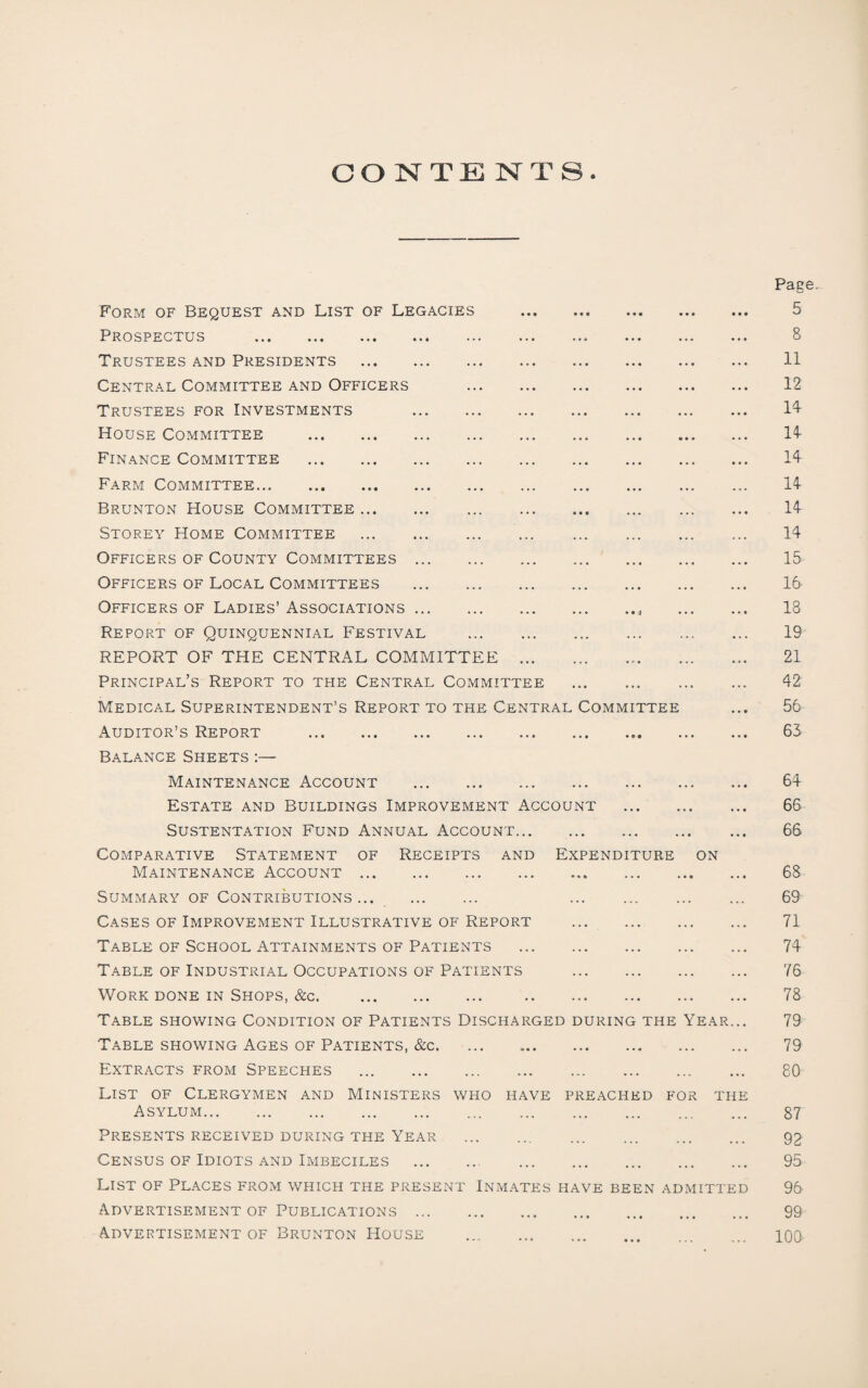 CONTE NTS Page. Form of Bequest and List of Legacies . 5 Prospectus . 8 Trustees and Presidents . 11 Central Committee and Officers . 12 Trustees for Investments 1^ House Committee . 14- Finance Committee . 14 Farm Committee. 14 Brunton House Committee. 14 Storey Home Committee . 14 Officers of County Committees. 15 Officers of Local Committees . 16 Officers of Ladies’ Associations. 18 Report of Quinquennial Festival . 19 REPORT OF THE CENTRAL COMMITTEE . 21 Principal’s Report to the Central Committee . 42 Medical Superintendent’s Report to the Central Committee ... 56 Auditor’s Report . 65 Balance Sheets :— Maintenance Account . 64 Estate and Buildings Improvement Account . 66 SUSTENTATION FUND ANNUAL ACCOUNT. 66 Comparative Statement of Receipts and Expenditure on Maintenance Account. 68 Summary of Contributions... . 69 Cases of Improvement Illustrative of Report . 71 Table of School Attainments of Patients . 74 Table of Industrial Occupations of Patients . 76 Work done in Shops, &c. 78 Table showing Condition of Patients Discharged during the Year... 79 Table showing Ages of Patients, &c. 79 Extracts from Speeches . 80 List of Clergymen and Ministers who have preached for the Asylum. 87 Presents received during the Year . 92 Census of Idiots and Imbeciles . 95 List of Places from which the present Inm.4.tes have been admitted 96 Advertisement of Publications. 99 Advertisement of Brunton House . lOO