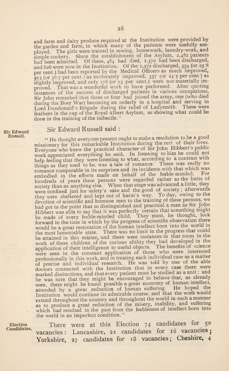 Sir Edward Russell. Election Candidates. and farm and dairy produce required at the Institution were provided by the garden and farm, in which many of the patients were usefully em¬ ployed. The girls were trained in sewing, housework, laundry-work, and simple cookery. Since the establishment of the Asylum, 2,482 patients had been admitted. Of these, 484 had died, 1,372 had been discharged, and 626 were now in the Institution. Of the 1,372 discharged, 354 (or 25-8 per cent.) had been reported by the Medical Officers as much improved, 503 (or 367 per cent.) as moderately improved, 337 (or 24-5 per cent.) as slightly improved, and only 178 (or 13 per cent.) were not materially im¬ proved. That was a wonderful work to have performed. After quoting instances of the success of discharged patients in various occupations, Sir John remarked that three or four bad joined the army, one (who died during the Boer War) becoming an orderly in a hospital and serving in Lord Dundonald’s Brigade during the relief of Ladysmith. These were feathers in the cap of the Royal Albert Asylum, as showing what could be done in the training of the imbecile.” Sir Edward Russell said : “ He thought everyone present ought to make a resolution to be a good missionary for this remarkable Institution during the rest of their lives. Everyone who knew the practical character of Sir John Hibbert s public work appreciated everything he said. In listening to him he could not help feeling that they were listening to what, according to a contrast with things as they used to be. was a tale of romance. There was really no romance comparable in its surprises and its incidents with that which was embodied in the efforts made on behalf of the feeble-minded. bor hundreds of years these persons were regarded rather as the butts ot society than as anything else. When that stage was advanced a little, they were confined just for safety’s sake and the good of society; afterwards they were sheltered and kept out of harm’s way. To day, owing to the devotion of scientific and humane men to the training of these persons we had got to the point that so distinguished and practical a man as Sir John Hibbert was able to say that it was perfectly certain that something might be made of every feeble-minded child. They must, he thought, look forward to the time in which by the progress of scientific observation there would be a great restoration of the human intellect born into the world in the most lamentable state. There was no limit in the progress that coudd be attained in this matter, and there were instances in that room m t e work of these children of the curious ability they had developed m the application of their intelligence to useful objects. The benefits of science were seen in the constant application of those _ who were interested professionally in this work, and in treating each individual case as a matter of precise and individual research. He was told by one of the able doctors connected with the Institution that in every case there were marked distinctions, and that every patient must be studied as a unit and he was sure that they might be encouraged to believe that, as already seen, there might be found possible a great economy of human intellect, attended by a great reduction of human suffering. He hoped the Institution would continue its admirable course, and that the work would extend throughout the country and throughout the world in such a manner as to produce a great reduction of the misery, inability, and suffering which had resulted in the past from the feebleness of intellect born into the world in an imperfect condition.” There were at this Election 74 candidates for 50 vacancies: Lancashire, 22 candidates for 16 vacancies • Yorkshire, 27 candidates for 18 vacancies; Cheshire, 4