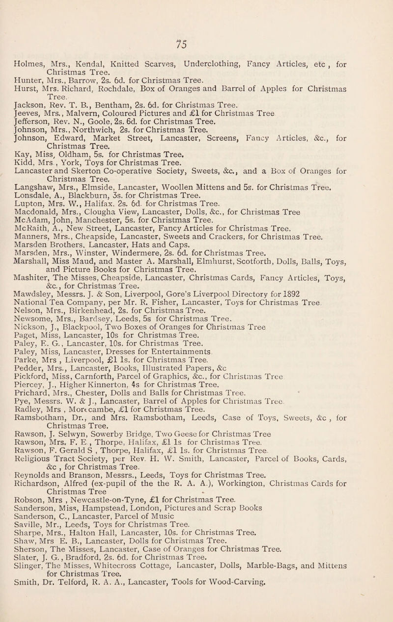 Holmes, Mrs., Kendal, Knitted Scarves, Underclothing, Fancy Articles, etc , for Christmas Tree. Hunter, Mrs., Barrow, 2s. 6d. for Christmas Tree. Hurst, Mrs. Richard, Rochdale, Box of Oranges and Barrel of Apples for Christmas Tree. Jackson, Rev. T. B., Bentham, 2s. 6d. for Christmas Tree. Jeeves, Mrs,, Malvern, Coloured Pictures and £1 for Christmas Tree Jefferson, Rev. N,, Goole, 2s. 6d. for Christmas Tree, Johnson, Mrs., Northwich, 2s. for Christmas Tree. Johnson, Edward, Market Street, Lancaster, Screens, Fancy Articles, &c., for Christmas Tree. Kay, Miss, Oldham, 5s. for Christmas Tree, Kidd, Mrs., York, Toys for Christmas Tree. Lancaster and Skerton Co-operative Society, Sweets, &c., and a Box of Oranges for Christmas Tree, Langshaw, Mrs., Elmside, Lancaster, Woollen Mittens and 5s. for Christmas Tree. Lonsdale, A., Blackburn, 3s. for Christmas Tree. Lupton, Mrs. W., Halifax, 2s. 6d. for Christmas Tree. Macdonald, Mrs., Clougha View, Lancaster, Dolls, &c., for Christmas Tree McAdam, John, Manchester, 5s. for Christmas Tree. McRaith, A., New Street, Lancaster, Fancy Articles for Christmas Tree. Manners, Mrs., Cheapside, Lancaster, Sweets and Crackers, for Christmas Tree, Marsden Brothers, Lancaster, Hats and Caps. Marsden, Mrs., Winster, Windermere, 2s. 6d. for Christmas Tree. Marshall, Miss Maud, and Master A. Marshall, Elmhurst, Scotforth, Dolls, Balls, Toys, and Picture Books for Christmas Tree. Mashiter, The Misses, Cheapside, Lancaster, Christmas Cards, Fancy Articles, Toys, &c., for Christmas Tree. Mawdsley, Messrs. J. & Son, Liverpool, Gore’s Liverpool Directory for 1892 National Tea Company, per Mr. R. Fisher, Lancaster, Toys for Christmas Tree. Nelson, Mrs., Birkenhead, 2s. for Christmas Tree. Newsome, Mrs., Bardsey, Leeds, 5s for Christmas Tree. Nickson, J., Blackpool, Two Boxes of Oranges for Christmas Tree Paget, Miss, Lancaster, 10s for Christmas Tree. Paley, E. G., Lancaster, 10s. for Christmas Tree. Paley, Miss, Lancaster, Dresses for Entertainments Parke, Mrs , Liverpool, £1 Is. for Christmas Tree, Pedder, Mrs., Lancaster, Books, Illustrated Papers, &c Pickford, Miss, Carnforth, Parcel of Graphics, &c., for Christmas Tree Piercey, J., Higher Kinnerton, 4s for Christmas Tree. Prichard, Mrs., Chester, Dolls and Balls for Christmas Tree. Pye, Messrs. VV. & J., Lancaster, Barrel of Apples for Christmas Tree. Radley, Mrs , Mortcambe, £1 for Christmas Tree. Ramsbotham, Dr., and Mrs. Ramsbotham, Leeds, Case of Toys, Sweets, &c , for Christmas Tree. Rawson, J. Selwyn, Sowerby Bridge, Two Geese for Christmas Tree Rawson, Mrs. F. E , Thorpe, Halifax, £1 Is for Christmas Tree, Rawson, F. Gerald S , Thorpe, Halifax, £1 Is. for Christmas Tree. Religious Tract Society, per Rev. PI. W. Smith, Lancaster, Parcel of Books, Cards, &c , for Christmas Tree. Reynolds and Branson, Messrs., Leeds, Toys for Christmas Tree. Richardson, Alfred (ex-pupil of the the R. A. A.), Workington, Christmas Cards for Christmas Tree Robson, Mrs , Newcastle-on-Tyne, £1 for Christmas Tree. Sanderson, Miss, Plampstead, London, Pictures and Scrap Books Sanderson, C., Lancaster, Parcel of Music Saville, Mr., Leeds, Toys for Christmas Tree. Sharpe, Mrs., Halton Hail, Lancaster, 10s. for Christmas Tree. Shaw, Mrs E. B., Lancaster, Dolls for Christmas Tree. Sherson, The Misses, Lancaster, Case of Oranges for Christmas Tree, Slater, J. G., Bradford, 2s. 6d. for Christmas Tree. Slinger, The Misses, Whitecross Cottage, Lancaster, Dolls, Marble-Bags, and Mittens for Christmas Tree. Smith, Dr, Telford, R. A. A., Lancaster, Tools for Wood-Carving,