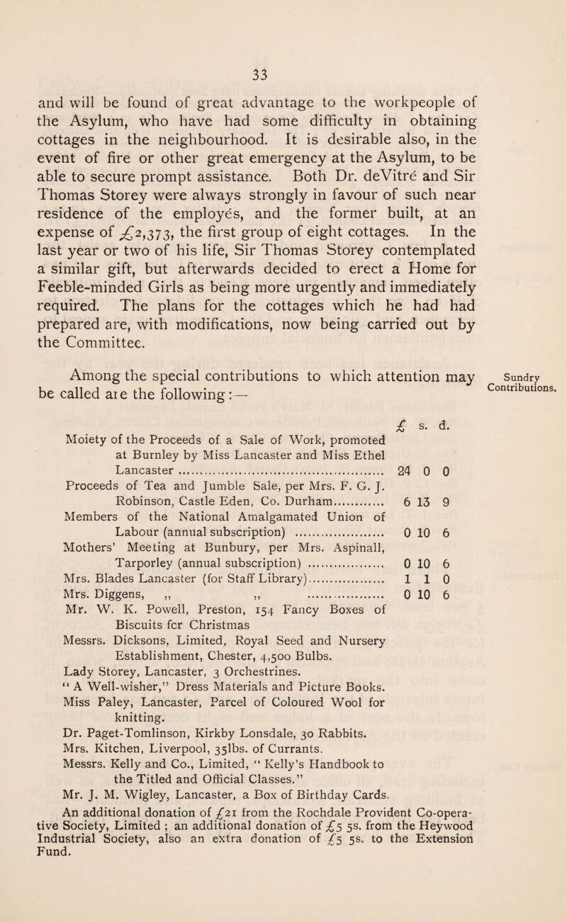 and will be found of great advantage to the workpeople of the Asylum, who have had some difficulty in obtaining cottages in the neighbourhood. It is desirable also, in the event of fire or other great emergency at the Asylum, to be able to secure prompt assistance. Both Dr. deVitre and Sir Thomas Storey were always strongly in favour of such near residence of the employes, and the former built, at an expense of ^£2,373, the first group of eight cottages. In the last year or two of his life, Sir Thomas Storey contemplated a similar gift, but afterwards decided to erect a Home for Feeble-minded Girls as being more urgently and immediately required. The plans for the cottages which he had had prepared are, with modifications, now being carried out by the Committee. Among the special contributions to which attention may Sundry be called aie the following:— Contribute £ s. d. Moiety of the Proceeds of a Sale of Work, promoted at Burnley by Miss Lancaster and Miss Ethel Lancaster... 24 0 0 Proceeds of Tea and Jumble Sale, per Mrs. F. G. J. Robinson, Castle Eden, Co. Durham. 6 13 9 Members of the National Amalgamated Union of Labour (annual subscription) . 0 10 6 Mothers’ Meeting at Bunbury, per Mrs. Aspinall, Tarporley (annual subscription) . 0 10 6 Mrs. Blades Lancaster (for Staff Library). 110 Mrs. Diggens, ,, „ . 0 10 6 Mr. W. K. Powell, Preston, 154 Fancy Boxes of Biscuits fcr Christmas Messrs. Dicksons, Limited, Royal Seed and Nursery Establishment, Chester, 4,500 Bulbs. Lady Storey, Lancaster, 3 Orchestrines. “ A Well-wisher,” Dress Materials and Picture Books. Miss Paley, Lancaster, Parcel of Coloured Wool for knitting. Dr. Paget-Tomlinson, Kirkby Lonsdale, 30 Rabbits. Mrs. Kitchen, Liverpool, 35lbs. of Currants. Messrs. Kelly and Co., Limited,  Kelly’s Handbook to the Titled and Official Classes.” Mr. J. M. Wigley, Lancaster, a Box of Birthday Cards. An additional donation of £21 from the Rochdale Provident Co-opera¬ tive Society, Limited ; an additional donation of £5 5s. from the Heywood Industrial Society, also an extra donation of £5 5s. to the Extension Fund.