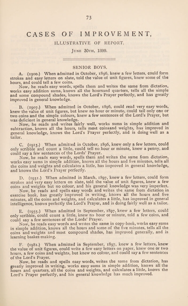 CASES OF IMPROVEMENT, ILLUSTRATIVE OF REPORT. June 30th, 1899. SENIOR BOYS. A. (1900.) When admitted in October, 1896, knew a few letters, could form strokes and easy letters on slate, told the value of unit figures, knew some of the hours, and could tell a few coins. Now, he reads easy words, spells them and writes the same from dictation, works easy addition sums, knows all the hoursand quarters, tells all the simple and some compound shades, knows the Lord’s Prayer perfectly, and has greatly improved in general knowledge. B. (1907.) When admitted in October, 1896, could read very easy words, knew the value of unit figures, but knew no hour or minute, could tell only one or two coins and the simple colours, knew a few sentences of the Lord’s Prayer, but was deficient in general knowledge. Now, he reads and writes fairly well, works sums in simple addition and subtraction, knows all the hours, tells most coinsand weights, has improved in general knowledge, knows the Lord’s Prayer perfectly, and is doing well as a tailor. C. (1915.) When admitted in October, 1896, knew only a few letters, could only scribble and count a little, could tell no hour or minute, knew a penny, and could say a few sentences of the Lords’ Prayer. Now, he reads easy words, spells them and writes the same from dictation, works easy sums in simple addition, knows all the hours and five minutes, tells all the coins and weights and calculates a little, has improved in general knowledge, and knows the Lord’s Prayer perfectly. D. (1931-) When admitted in March, 1897, knew a few letters, could form strokes and very easy letters on slate, told the value of unit figures, knew a few coins and weights but no colour, and his general knowledge was very imperfect. Now, he reads and spells easy words and writes the same from dictation in exercise book, has greatly improved in writing, knows all the hours and five minutes, all the coins and weights, and calculates a little, has improved in general intelligence, knows perfectly the Lord’s Prayer, and is doing fairly well as a tailor. E. (1955.) When admitted in September, 1897, knew a few letters, could only scribble, could count a little, knew no hour or minute, told a few coins, and could say a few sentences of the Lords’ Prayer. Now, he reads easy words and writes the same in copy-book, works easy sums in simple addition, knows all the hours and some of the five minutes, tells all the coins and weights and most compound shades, has improved generally, and is learning basket-making. F. (1981.) When admitted in September, 1897, knew a few letters, knew the value of unit figures, could write a few easy letters on paper, knew one or two hours, a few coins and weights, but knew no colour, and could say a few sentences of the Lord’s Prayer. Now, he reads and spells easy words, writes the same from dictation, has greatly improved in writing, works easy sums in simple addition, knows all the hours and quarters, all the coins and weights, and calculates a little, knows the Lord’s Prayer perfectly, and his general knowledge has much improved.