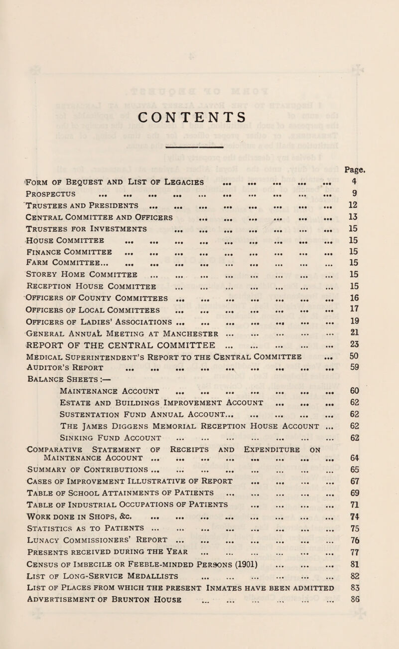 CONTENTS Form of Bequest and List of Legacies Prospectus . Trustees and Presidents . Central Committee and Officers Trustees for Investments House Committee Finance Committee . Farm Committee. Storey Home Committee . Reception House Committee Officers of County Committees ... Officers of Local Committees Officers of Ladies’ Associations ... General Annual Meeting at Manchester. REPORT OF THE CENTRAL COMMITTEE . Medical Superintendent’s Report to the Central Committee Auditor s Report ... ... ... ... ... ... ... ... ... Balance Sheets :— Maintenance Account . Estate and Buildings Improvement Account . Sustentation Fund Annual Account. The James Diggens Memorial Reception House Account ... Sinking Fund Account . Comparative Statement of Receipts and Expenditure on Maintenance Account. Summary of Contributions. Cases of Improvement Illustrative of Report . Table of School Attainments of Patients . Table of Industrial Occupations of Patients . Work done in Shops, &c. Statistics as to Patients. Lunacy Commissioners’ Report. Presents received during the Year . Census of Imbecile or Feeble-minded Persons (1901) . List of Long-Service Medallists . List of Places from which the present Inmates have been admitted Advertisement of Brunton House . Page. 4 9 12 13 15 15 15 15 15 15 16 17 19 21 23 50 59 60 62 62 62 62 64 65 67 69 71 74 75 76 77 81 82 83 86