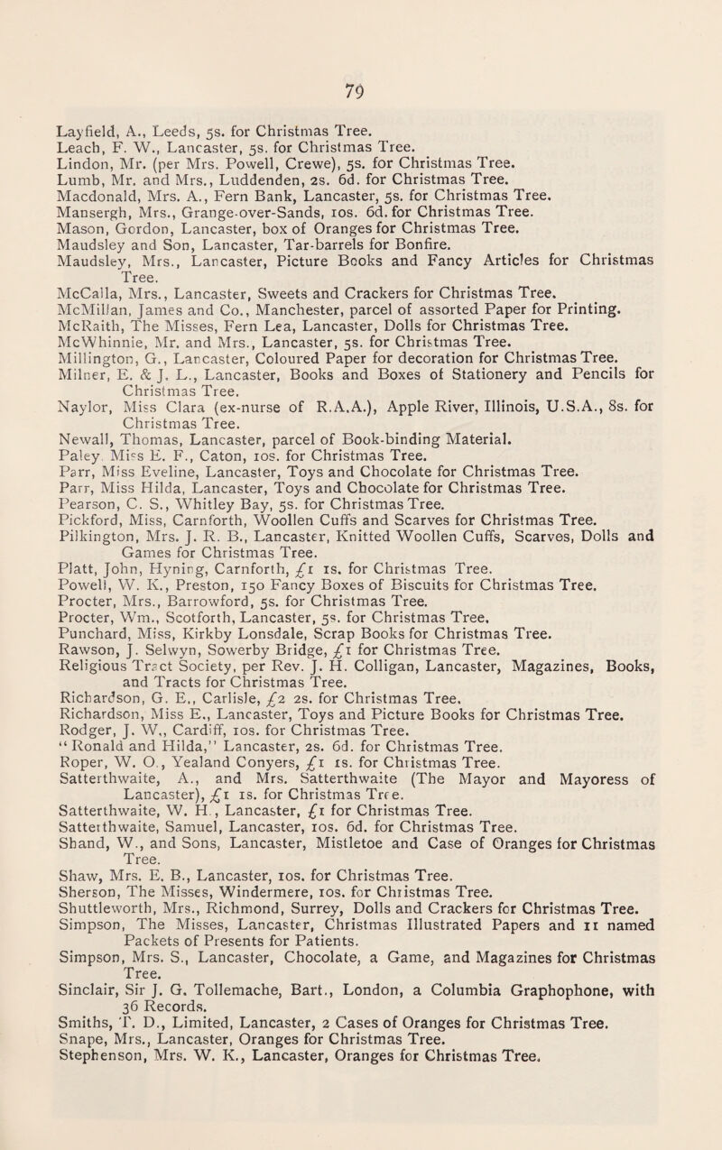 Layfield, A., Leeds, 5s. for Christmas Tree. Leach, F. W., Lancaster, 5s. for Christmas Tree. Lindon, Mr. (per Mrs. Powell, Crewe), 5s. for Christmas Tree. Lumb, Mr. and Mrs., Luddenden, 2s. 6d. for Christmas Tree. Macdonald, Mrs. A., Fern Bank, Lancaster, 5s. for Christmas Tree. Mansergh, Mrs., Grange-over-Sands, 10s. 6d. for Christmas Tree. Mason, Gordon, Lancaster, box of Oranges for Christmas Tree. Maudsley and Son, Lancaster, Tar-barrels for Bonfire. Maudsley, Mrs., Lancaster, Picture Books and Fancy Articles for Christmas Tree. McCalla, Mrs., Lancaster, Sweets and Crackers for Christmas Tree. McMillan, James and Co., Manchester, parcel of assorted Paper for Printing. McRaith, The Misses, Fern Lea, Lancaster, Dolls for Christmas Tree. McWhinnie, Mr. and Mrs., Lancaster, 5s. for Christmas Tree. Millington, G., Lancaster, Coloured Paper for decoration for Christmas Tree. Milner, E. & J. L., Lancaster, Books and Boxes of Stationery and Pencils for Christmas Tree. Naylor, Miss Clara (ex-nurse of R.A.A.), Apple River, Illinois, U.S.A., 8s. for Christmas Tree. Newall, Thomas, Lancaster, parcel of Book-binding Material. Paley Miss E. F., Caton, 10s. for Christmas Tree. Parr, Miss Eveline, Lancaster, Toys and Chocolate for Christmas Tree. Parr, Miss Hilda, Lancaster, Toys and Chocolate for Christmas Tree. Pearson, C. S., Whitley Bay, 5s. for Christmas Tree. Pickford, Miss, Carnforth, Woollen Cuffs and Scarves for Christmas Tree. Pilkington, Mrs. J. R. B., Lancaster, Knitted Woollen Cuffs, Scarves, Dolls and Games for Christmas Tree. PJatt, John, Hyning, Carnforth, £1 is. for Christmas Tree. Powell, W. K., Preston, 150 Fancy Boxes of Biscuits for Christmas Tree. Procter, Mrs., Barrowford, 5s. for Christmas Tree. Procter, Wm., Scotforth, Lancaster, 5s. for Christmas Tree, Punchard, Miss, Kirkby Lonsdale, Scrap Books for Christmas Tree. Rawson, j. Selwyn, Sowerby Bridge, £1 for Christmas Tree. Religious Tract Society, per Rev. J. H. Colligan, Lancaster, Magazines, Books, and Tracts for Christmas Tree. Richardson, G. E., Carlisle, £2 2s. for Christmas Tree. Richardson, Miss E., Lancaster, Toys and Picture Books for Christmas Tree. Rodger, J. W,, Cardiff, 10s. for Christmas Tree. “ Ronald and Hilda,” Lancaster, 2s. 6d. for Christmas Tree. Roper, W. O., Yealand Conyers, £1 is. for Christmas Tree. Satterthwaite, A., and Mrs. Satterthwaite (The Mayor and Mayoress of Lancaster), £1 is. for Christmas Tree. Satterthwaite, W. H , Lancaster, £1 for Christmas Tree. Satterthwaite, Samuel, Lancaster, 10s. 6d. for Christmas Tree. Shand, W., and Sons, Lancaster, Mistletoe and Case of Oranges for Christmas Tree. Shaw, Mrs. E. B., Lancaster, 10s. for Christmas Tree. Sherson, The Misses, Windermere, 10s. for Christmas Tree. Shuttleworth, Mrs., Richmond, Surrey, Dolls and Crackers for Christmas Tree. Simpson, The Misses, Lancaster, Christmas Illustrated Papers and 11 named Packets of Presents for Patients. Simpson, Mrs. S., Lancaster, Chocolate, a Game, and Magazines for Christmas Tree. Sinclair, Sir J. G. Tollemache, Bart., London, a Columbia Graphophone, with 36 Records. Smiths, T. D., Limited, Lancaster, 2 Cases of Oranges for Christmas Tree. Snape, Mrs., Lancaster, Oranges for Christmas Tree. Stephenson, Mrs. W. K., Lancaster, Oranges for Christmas Tree.