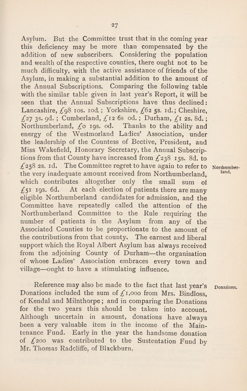 Asylum. But the Committee trust that in the coming year this deficiency may be more than compensated by the addition of new subscribers. Considering the population and wealth of the respective counties, there ought not to be much difficulty, with the active assistance of friends of the Asylum, in making a substantial addition to the amount of the Annual Subscriptions. Comparing the following table with the similar table given in last year’s Report, it will be seen that the Annual Subscriptions have thus declined: Lancashire, ^98 10s. iod.; Yorkshire, £62 5s. id.; Cheshire, £27 3s. gd. ; Cumberland, £12 6s od. ; Durham, £1 2s. 8d. ; Northumberland, £0 19s. od. Thanks to the ability and energy of the Westmorland Ladies’ Association, under the leadership of the Countess of Bective, President, and Miss Wakefield, Honorary Secretary, the Annual Subscrip¬ tions from that County have increased from ^238 15s. 8d. to £258 2s. id. The Committee regret to have again to refer to the very inadequate amount received from Northumberland, which contributes altogether only the small sum of £5j 19s. 6d. At each election of patients there are many eligible Northumberland candidates for admission, and the Committee have repeatedly called the attention of the Northumberland Committee to the Rule requiring the number of patients in the Asylum from any of the Associated Counties to be proportionate to the amount of the contributions from that county. The earnest and liberal support which the Royal Albert Asylum has always received from the adjoining County of Durham—the organisation of whose Ladies’ Association embraces every town and village—ought to have a stimulating influence. Reference may also be made to the fact that last year’s Donations included the sum of ^1,000 from Mrs. Bindloss, of Kendal and Milnthorpe ; and in comparing the Donations for the two years this should be taken into account. Although uncertain in amount, donations have always been a very valuable item in the income of the Main¬ tenance Fund. Early in the year the handsome donation of £200 was contributed to the Sustentation Fund by Mr. Thomas Radcliffe, of Blackburn. Northumber¬ land. Donations.