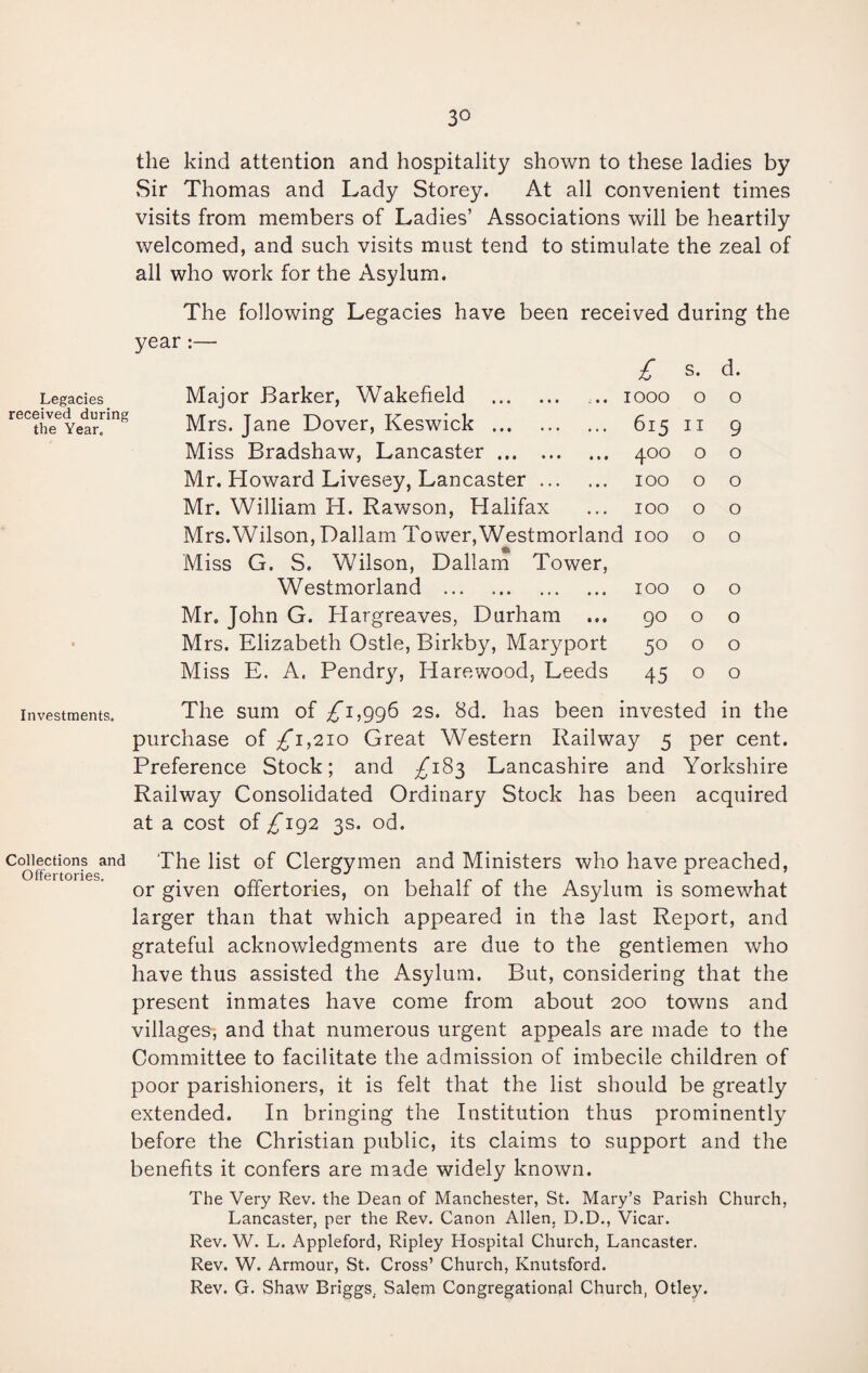 Legacies received during the Year. Investments. Collections and Offertories. the kind attention and hospitality shown to these ladies by Sir Thomas and Lady Storey. At all convenient times visits from members of Ladies’ Associations will be heartily welcomed, and such visits must tend to stimulate the zeal of all who work for the Asylum. The following Legacies have been received during the year :— £ s. d. Major Barker, Wakefield . IOOO 0 0 Mrs. Jane Dover, Keswick . 615 11 9 Miss Bradshaw, Lancaster. 4OO 0 0 Mr. Howard Livesey, Lancaster. IOO 0 0 Mr. William H. Rawson, Halifax IOO 0 0 Mrs.Wilson, Dallam Tower,Westmorland 100 0 0 Miss G. S. Wilson, Dallam Tower, Westmorland . IOO 0 0 Mr. John G. Hargreaves, Durham ... 90 0 0 Mrs. Elizabeth Ostle, Birkby, Maryport 50 0 0 Miss E. A. Pendry, Harewood, Leeds 45 0 0 The sum of ^1,996 2s. 8d. has been invested in the purchase of ^1,210 Great Western Railway 5 per cent. Preference Stock; and ^183 Lancashire and Yorkshire Railway Consolidated Ordinary Stock has been acquired at a cost of £192 3s. od. The list of Clergymen and Ministers who have preached, or given offertories, on behalf of the Asylum is somewhat larger than that which appeared in the last Report, and grateful acknowledgments are due to the gentlemen who have thus assisted the Asylum. But, considering that the present inmates have come from about 200 towns and villages, and that numerous urgent appeals are made to the Committee to facilitate the admission of imbecile children of poor parishioners, it is felt that the list should be greatly extended. In bringing the Institution thus prominently before the Christian public, its claims to support and the benefits it confers are made widely known. The Very Rev. the Dean of Manchester, St. Mary’s Parish Church, Lancaster, per the Rev. Canon Allen, D.D., Vicar. Rev. W. L. Appleford, Ripley Hospital Church, Lancaster. Rev. W. Armour, St. Cross’ Church, Knutsford. Rev. G. Shaw Briggs, Salem Congregational Church, Otley.