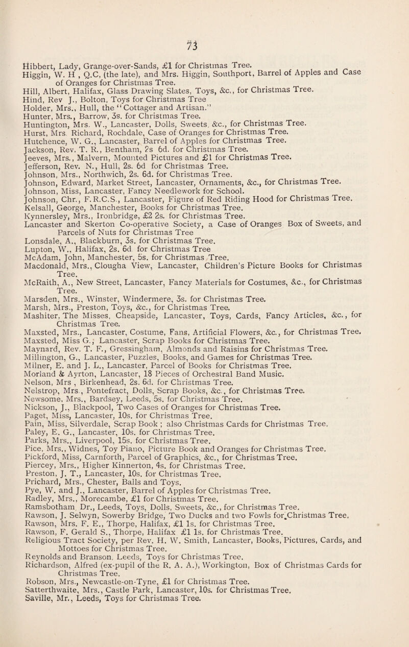 n Hibbert, Lady, Grange-over-Sands, £1 for Christmas Tree. Higgin, W. H , Q.C, (the late), and Mrs. Higgin, Southport, Barrel of Apples and Case of Oranges for Christmas Tree. Hill, Albert, Halifax, Glass Drawing Slates, Toys, &c,, for Christmas Tree. Hind, Rev J., Bolton, Toys for Christmas Tree Holder, Mrs., Hull, the “Cottager and Artisan.” Hunter, Mrs., Barrow, 3s. for Christmas Tree. Huntington, Mrs. W., Lancaster, Dolls, Sweets, &c., for Christmas Tree. Hurst, Mrs Richard, Rochdale, Case of Oranges for Christmas Tree. Hutchence, W. G., Lancaster, Barrel of Apples for Christmas Tree. Jackson, Rev. T. R., Bentham, 2s 6d. for Christmas Tree. Jeeves, Mrs., Malvern, Mounted Pictures and £1 for Christmas Tree. Jefferson, Rev. N., Hull, 2s. 6d for Christmas Tree. Johnson, Mrs., Northwich, 2s. 6d. for Christmas Tree, Johnson, Edward, Market Street, Lancaster, Ornaments, &c., for Christmas Tree. Johnson, Miss, Lancaster, Fancy Needlework for School. Johnson, Chr., F. R.C.S., Lancaster, Figure of Red Riding Hood for Christmas Tree. Kelsall, George, Manchester, Books for Christmas Tree. Kynnersley, Mrs., Ironbridge, £2 2s. for Christmas Tree. Lancaster and Skerton Co-operative Society, a Case of Oranges Box of Sweets, and Parcels of Nuts for Christmas Tree Lonsdale, A., Blackburn, 3s. for Christmas Tree. Lupton, W., Halifax, 2s. 6d for Christmas Tree McAdam, John, Manchester, 5s. for Christmas Tree. Macdonald, Mrs., Clougha View, Lancaster, Children’s Picture Books for Christmas Tree. McRaith, A., New Street, Lancaster, Fancy Materials for Costumes, &c., for Christmas Tree. Marsden, Mrs,, Winster, Windermere, 3s. for Christmas Tree. Marsh, Mrs., Preston, Toys, &c., for Christmas Tree. Mashiter, The Misses, Cheapside, Lancaster, Toys, Cards, Fancy Articles, &c., for Christmas Tree. Maxsted, Mrs., Lancaster, Costume, Fans, Artificial Flowers, &c., for Christmas Tree. Maxsted, Miss G., Lancaster, Scrap Books for Christmas Tree. Maynard, Rev. T. F., Gressingham, Almonds and Raisins for Christmas Tree. Millington, G., Lancaster, Puzzles, Books, and Games for Christmas Tree. Milner, E. and J. L., Lancaster, Parcel of Books for Christmas Tree. Morland & Ayrton, Lancaster, 18 Pieces of Orchestral Band Music. Nelson, Mrs , Birkenhead, 2s. 6d. for Christmas Tree. Nelstrop, Mrs., Pontefract, Dolls, Scrap Books, &c., for Christmas Tree. Newsome, Mrs., Bardsey, Leeds, 5s. for Christmas Tree. Nickson, J., Blackpool, Two Cases of Oranges for Christmas Tree. Paget, Miss, Lancaster, 10s. for Christmas Tree. Pain, Miss, Silverdale, Scrap Book ; also Christmas Cards for Christmas Tree, Paley, E. G., Lancaster, 10s. for Christmas Tree. Parks, Mrs., Liverpool, 15s. for Christmas Tree. Pice, Mrs., Widnes, Toy Piano, Picture Book and Oranges for Christmas Tree. Pickford, Miss, Carnforth, Parcel of Graphics, &c., for Christmas Tree. Piercey, Mrs., Higher Kinnerton, 4s. for Christmas Tree. Preston, J. T., Lancaster, 10s. for Christmas Tree. Prichard, Mrs., Chester, Balls and Toys. Pye, W. and J., Lancaster, Barrel of Apples for Christmas Tree. Radley, Mrs., Morecambe, £1 for Christmas Tree. Ramsbotham. Dr., Leeds, Toys, Dolls, Sweets, &c., for Christmas Tree. Rawson, J. Selwyn, Sowerby Bridge, Two Ducks and two Fowls for^Christmas Tree, Rawson, Mrs. F. E., Thorpe, Halifax, £1 Is. for Christmas Tree. Rawson, F. Gerald S., Thorpe, Halifax £1 Is. for Christmas Tree. Religious Tract Society, per Rev. H. W. Smith, Lancaster, Books, Pictures, Cards, and Mottoes for Christmas Tree. Reynolds and Branson, Leeds, Toys for Christmas Tree. Richardson, Alfred (ex-pupil of the R. A. A.), Workington, Box of Christmas Cards for Christmas Tree, Robson, Mrs., Newcastle-on-Tyne, £1 for Christmas Tree. Satterthwaite, Mrs., Castle Park, Lancaster, 10s. for Christmas Tree. Saville, Mr,, Leeds, Toys for Christmas Tree.