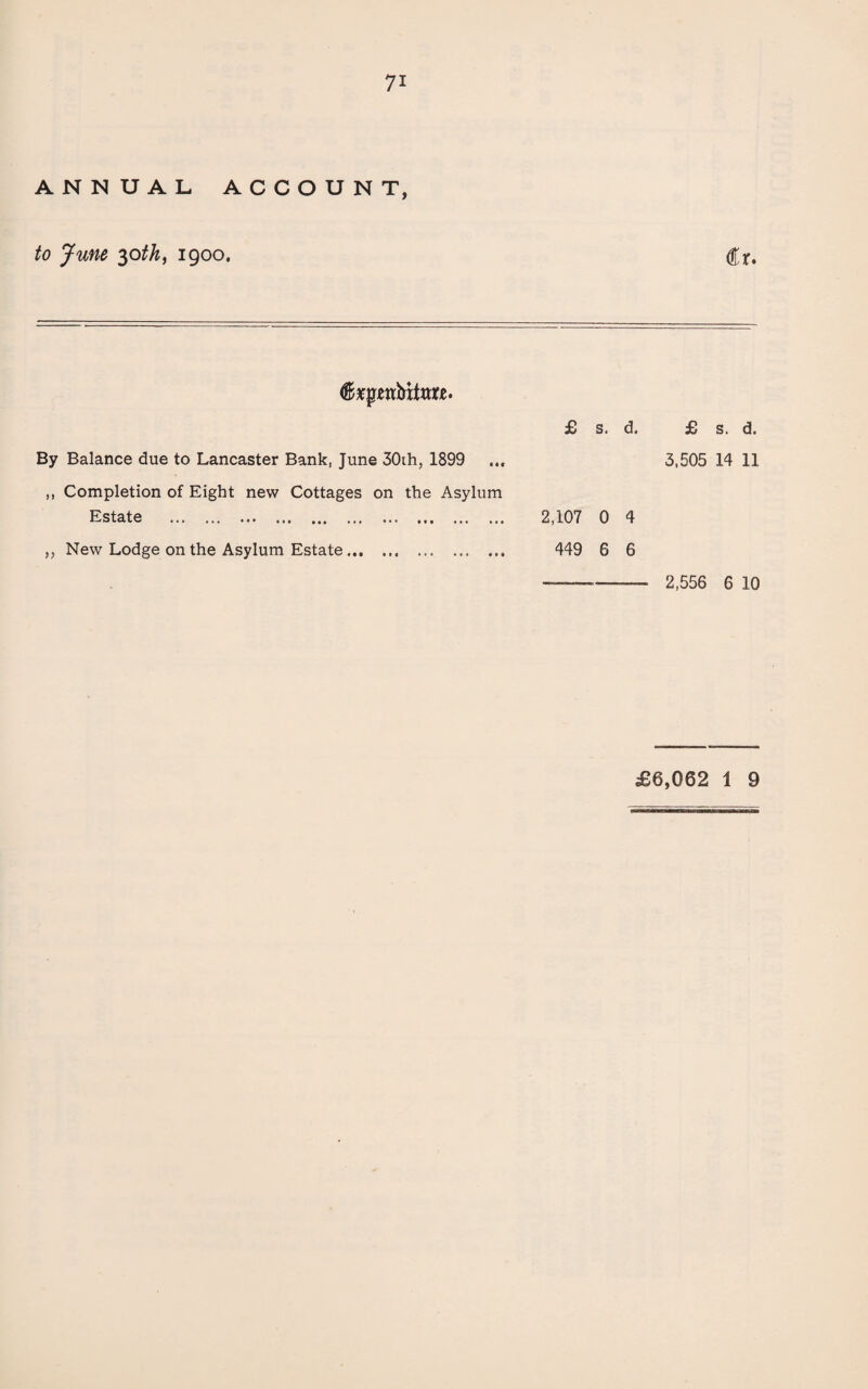 ANNUAL ACCOUNT, to June 30th, 1900. By Balance due to Lancaster Bank, June 30th, 1899 ,, Completion of Eight new Cottages on the Asylum Estate . ,, New Lodge on the Asylum Estate. £ s. d. £ s. d. 3,505 14 11 2,107 0 4 449 6 6 ——-— 2,556 6 10 £6,062 1 9