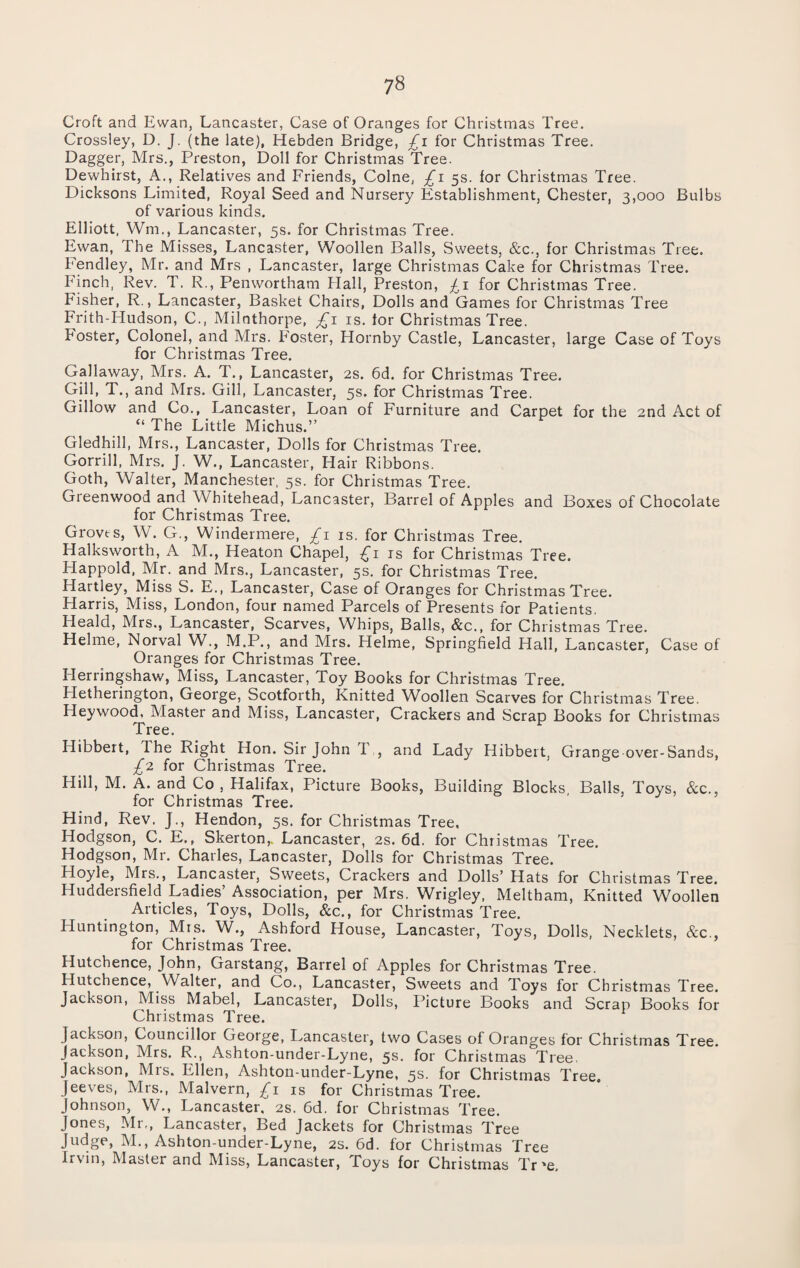 7» Croft and Ewan, Lancaster, Case of Oranges for Christmas Tree. Crossley, D. J. (the late), Hebden Bridge, £i for Christmas Tree. Dagger, Mrs., Preston, Doll for Christmas Tree. Dewhirst, A., Relatives and Friends, Colne, £1 5s. lor Christmas Tree. Dicksons Limited, Royal Seed and Nursery Establishment, Chester, 3,000 Bulbs of various kinds. Elliott, Wm., Lancaster, 5s. for Christmas Tree. Ewan, The Misses, Lancaster, Woollen Balls, Sweets, &c., for Christmas Tree. Fendley, Mr. and Mrs , Lancaster, large Christmas Cake for Christmas Tree. Finch, Rev. T. R., Penwortham Hall, Preston, £1 for Christmas Tree, bisher, R., Lancaster, Basket Chairs, Dolls and Games for Christmas Tree Frith-Hudson, C.( Milnthorpe, £1 is. lor Christmas Tree. boster, Colonel, and Mrs. Foster, Hornby Castle, Lancaster, large Case of Toys for Christmas Tree. Callaway, Mrs. A. T., Lancaster, 2s. 6d. for Christmas Tree. Gill, T., and Mrs. Gill, Lancaster, 5s. for Christmas Tree. Gillow and Co., Lancaster, Loan of Furniture and Carpet for the 2nd Act of “ The Little Michus.” Gledhill, Mrs., Lancaster, Dolls for Christmas Tree. Gorrill, Mrs. J. W., Lancaster, Hair Ribbons. Goth, Walter, Manchester, 5s. for Christmas Tree. Greenwood and Whitehead, Lancaster, Barrel of Apples and Boxes of Chocolate for Christmas Tree. Groves, W. G., Windermere, £1 is. for Christmas Tree. Halksworth, A M., Heaton Chapel, £1 is for Christmas Tree. Happold, Mr. and Mrs., Lancaster, 5s. for Christmas Tree. Hartley, Miss S. E., Lancaster, Case of Oranges for Christmas Tree. Harris, Miss, London, four named Parcels of Presents for Patients. Heald, Mrs., Lancaster, Scarves, Whips, Balls, &c., for Christmas Tree. Helme, Norval W., M.P., and Mrs. Helme, Springfield Hall, Lancaster, Case of Oranges for Christmas Tree. ITerringshaw, Miss, Lancaster, Toy Books for Christmas Tree. Fletherington, George, Scotforth, Knitted Woollen Scarves for Christmas Tree. Heywood, Master and Miss, Lancaster, Crackers and Scrap Books for Christmas Tree. Hibbert, The Right Hon. Sir John 1 , and Lady Hibbert, Grange over-Sands, £2 for Christmas Tree. Hill, M. A. and Co , Halifax, Picture Books, Building Blocks Balls, Toys, &c., for Christmas Tree. Hind, Rev. J., Hendon, 5s. for Christmas Tree, Hodgson, C. E., Skerton,. Lancaster, 2s. 6d. for Christmas Tree. Hodgson, Mr. Charles, Lancaster, Dolls for Christmas Tree. Hoyle, Mrs., Lancaster, Sweets, Crackers and Dolls’ Hats for Christmas Tree. Huddersfield Ladies’ Association, per Mrs. Wrigley, Meltham, Knitted Woollen Articles, Toys, Dolls, &c., for Christmas Tree. Huntington, Mis. W., Ashford House, Lancaster, Toys, Dolls, Necklets, &c., for Christmas Tree. Hutchence, John, Garstang, Barrel of Apples for Christmas Tree. Hutchence, Walter, and Co., Lancaster, Sweets and Toys for Christmas Tree. Jackson, Miss Mabel, Lancaster, Dolls, Picture Books and Scrap Books for Christmas Tree. Jackson, Councillor George, Lancaster, two Cases of Oranges for Christmas Tree. Jackson, Mrs. R., Ashton-under-Lyne, 5s. for Christmas Tree. Jackson, Mrs. Ellen, Ashton-under-Lyne, 5s. for Christmas Tree Jeeves, Mrs., Malvern, £1 is for Christmas Tree. Johnson, W., Lancaster. 2s. 6d. for Christmas Tree. Jones, Mr,, Lancaster, Bed Jackets for Christmas Tree Judge, M., Ashton-under-Lyne, 2s. 6d. for Christmas Tree Irvin, Master and Miss, Lancaster, Toys for Christmas Tr'e.