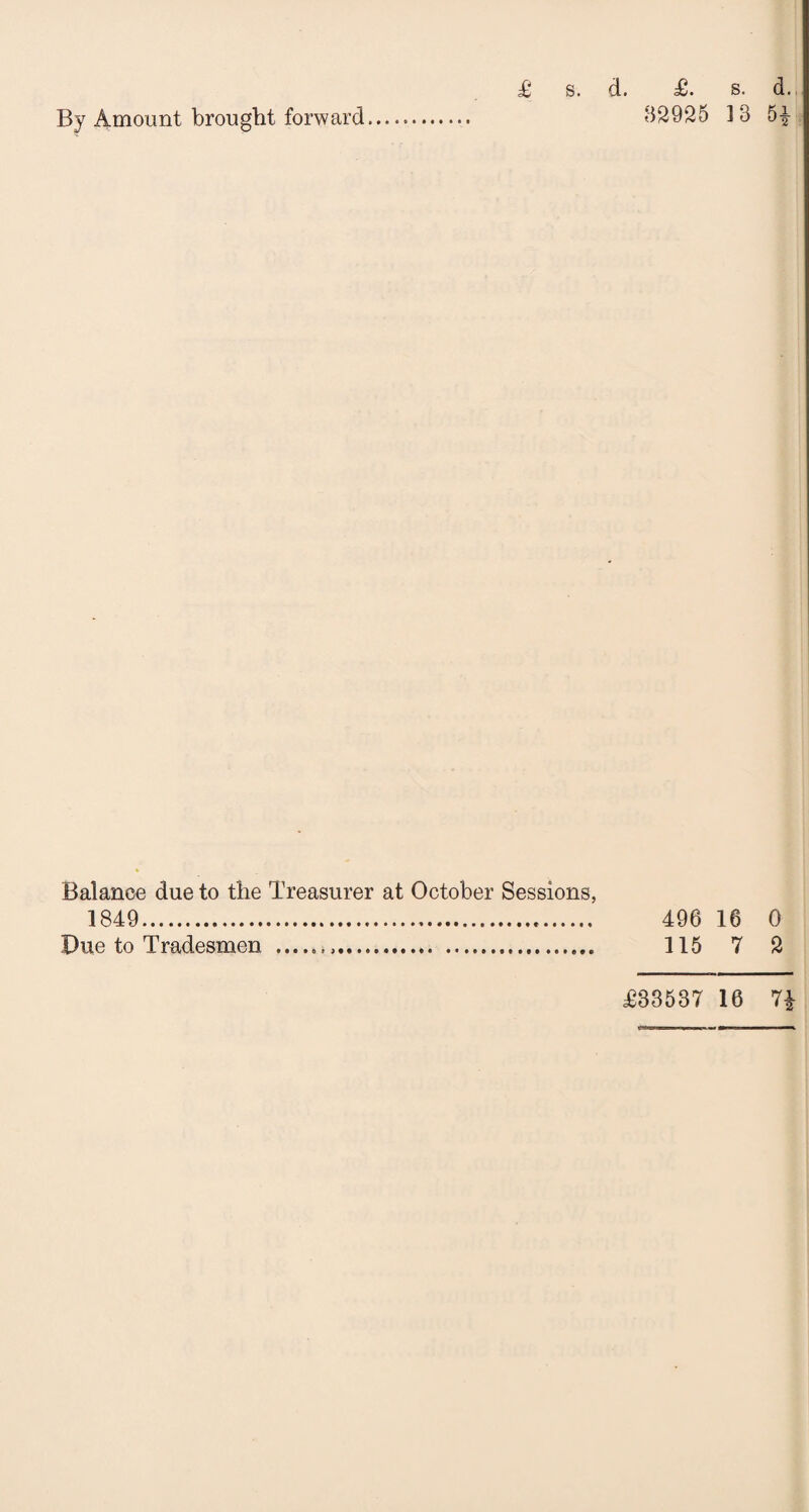 £ s. d. £. s. d.. By Amount brought forward. 32925 13 5| Balance due to the Treasurer at October Sessions, 1849... 496 16 0 Due to Tradesmen . 115 7 2