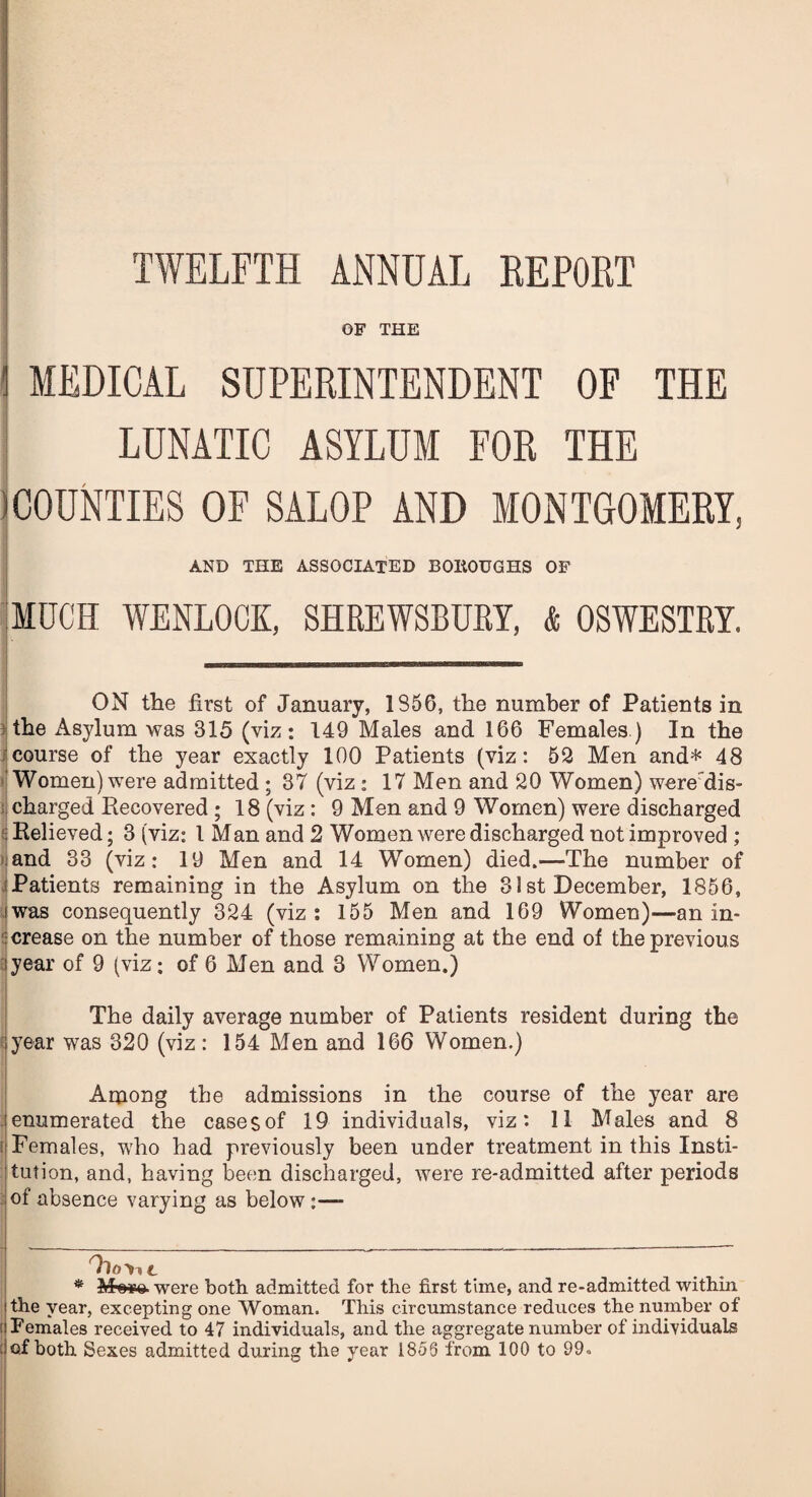 OF THE 1 MEDICAL SUPERINTENDENT OF THE LUNATIC ASYLUM FOR THE COUNTIES OF SALOP AND MONTGOMERY. AND THE ASSOCIATED BOliOUGHS OF MUCH WENLOCK, SHREWSBURY, & OSWESTRY. ON the first of January, 1S56, the number of Patients in the Asylum was 315 (viz: 149 Males and 166 Females ) In the course of the year exactly 100 Patients (viz: 52 Men and* 48 » Women) were admitted ; 37 (viz: 17 Men and 20 Women) were'dis- charged Recovered ; 18 (viz : 9 Men and 9 Women) were discharged Relieved; 3 (viz: l Man and 2 Women were discharged not improved ; and 33 (viz: 19 Men and 14 Women) died.—The number of Patients remaining in the Asylum on the 33 st December, 1856, was consequently 324 (viz : 155 Men and 169 Women)—an in¬ crease on the number of those remaining at the end of the previous year of 9 (viz; of 6 Men and 3 Women.) The daily average number of Patients resident during the year was 320 (viz : 154 Men and 166 Women.) Among the admissions in the course of the year are enumerated the casesof 19 individuals, viz: 11 Males and 8 (Females, who had previously been under treatment in this Insti¬ tution, and, having been discharged, were re-admitted after periods of absence varying as below:— r t Tiovit were both, admitted for the first time, and re-admitted within the year, excepting one Woman. This circumstance reduces the number of Females received to 47 individuals, and the aggregate number of individuals of both Sexes admitted during the year 1855 from 100 to 99«