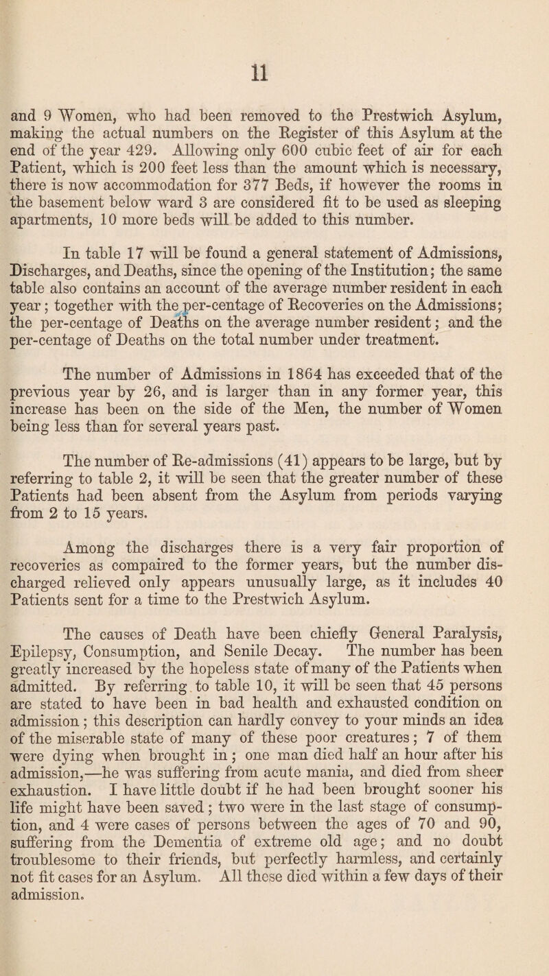 and 9 Women, who had been removed to the Prestwich Asylum, making the actual numbers on the Register of this Asylum at the end of the year 429. Allowing only 600 cubic feet of air for each Patient, which is 200 feet less than the amount which is necessary, there is now accommodation for 377 Peds, if however the rooms in the basement below ward 3 are considered fit to be used as sleeping apartments, 10 more beds will be added to this number. In table 17 will be found a general statement of Admissions, Discharges, and Deaths, since the opening of the Institution; the same table also contains an account of the average number resident in each year; together with the per-centage of Recoveries on the Admissions; the per-centage of Deaths on the average number resident; and the per-centage of Deaths on the total number under treatment. The number of Admissions in 1864 has exceeded that of the previous year by 26, and is larger than in any former year, this increase has been on the side of the Men, the number of Women being less than for several years past. The number of Re-admissions (41) appears to be large, but by referring to table 2, it will be seen that the greater number of these Patients had been absent from the Asylum from periods varying from 2 to 15 years. Among the discharges there is a very fair proportion of recoveries as compaired to the former years, but the number dis¬ charged relieved only appears unusually large, as it includes 40 Patients sent for a time to the Prestwich Asylum. The causes of Death have been chiefly General Paralysis, Epilepsy, Consumption, and Senile Decay. The number has been greatly increased by the hopeless state of many of the Patients when admitted. Ry referring to table 10, it will be seen that 45 persons are stated to have been in bad health and exhausted condition on admission ; this description can hardly convey to your minds an idea of the miserable state of many of these poor creatures; 7 of them were dying when brought in ; one man died half an hour after his admission,—he was suffering from acute mania, and died from sheer exhaustion. I have little doubt if he had been brought sooner his life might have been saved; two were in the last stage of consump¬ tion, and 4 were cases of persons between the ages of 70 and 90, suffering from the Dementia of extreme old age; and no doubt troublesome to their friends, but perfectly harmless, and certainly not fit cases for an A.sylum. All these died within a few days of their admission.