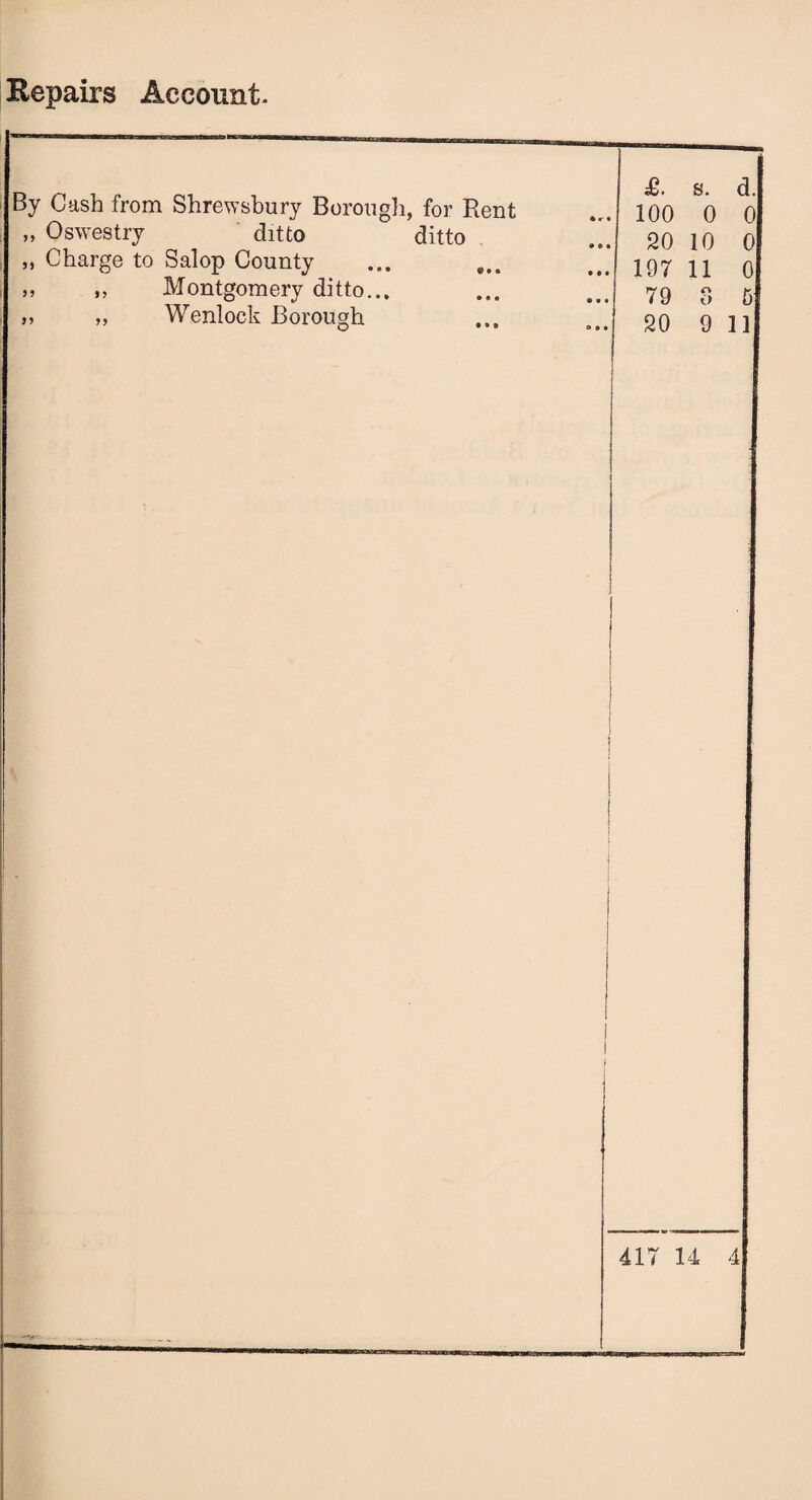 Bepairs Account. By Cash from Shrewsbury Borough, for Rent „ Oswestry ditto ditto „ Charge to Salop County >> ,, Montgomery ditto... » „ Wenlock Borough
