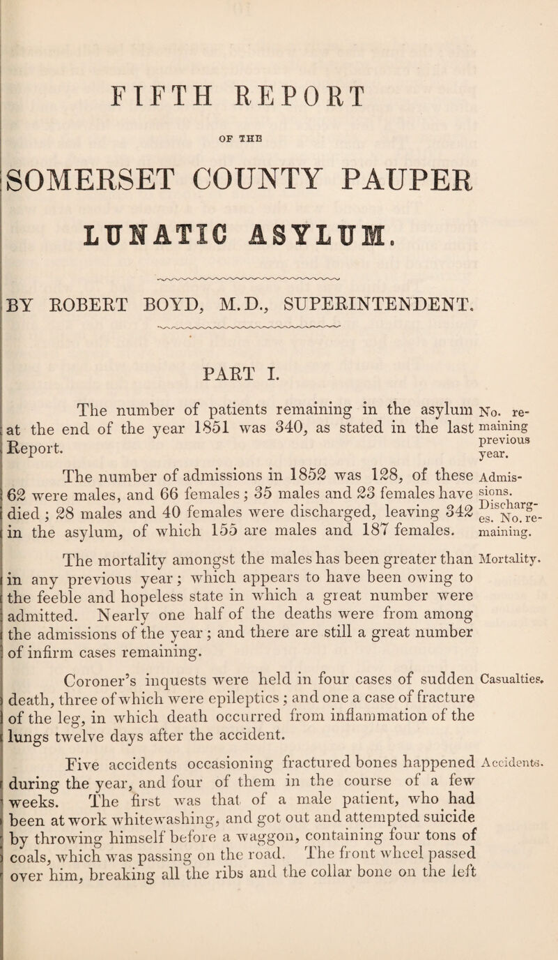 FIFTH REPORT OF THE SOMERSET COUNTY PAUPER LUNATIC ASYLUM. BY ROBERT BOYD, M.D., SUPERINTENDENT. PART I. The number of patients remaining in the asylum No. re at the end of the year 1851 was 340, as stated in the last maining Keport. previous year. The number of admissions in 1852 was 128, of these Admis- 62 were males, and 66 females; 35 males and 23 females have sions. died ; 28 males and 40 females were discharged, leaving 342 es^Nmre- in the asylum, of which 155 are males and 187 females. maining. The mortality amongst the males has been greater than Mortality, in any previous year; which appears to have been owing to the feeble and hopeless state in wdiich a great number were admitted. Nearly one half of the deaths were from among the admissions of the year; and there are still a great number of infirm cases remaining. Coroner’s inquests were held in four cases of sudden Casualties, death, three of which were epileptics; and one a case of fracture of the leg, in which death occurred from inflammation of the lungs twelve days after the accident. Five accidents occasioning fractured bones happened Accidents, during the year, and four of them in the course of a few weeks. The first was that of a male patient, who had been at work whitewashing, and got out and attempted suicide by throwing himself before a waggon, containing four tons of coals, which was passing on the road. The front wheel passed oyer him, breaking all the ribs and the collar bone on the left